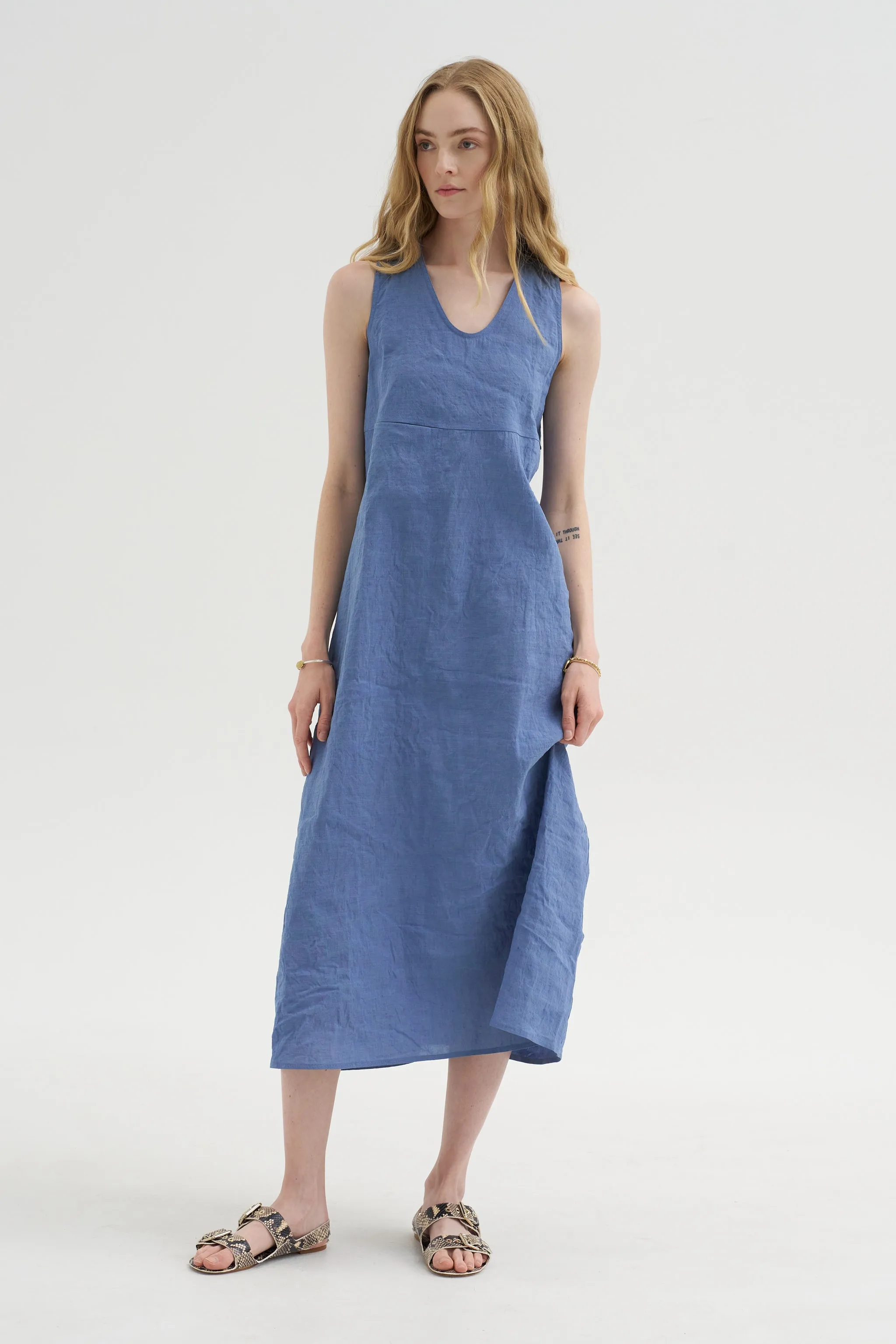 Doras Lion - Linen Cotton Dress, Blue Jean sold by Kick Pleat