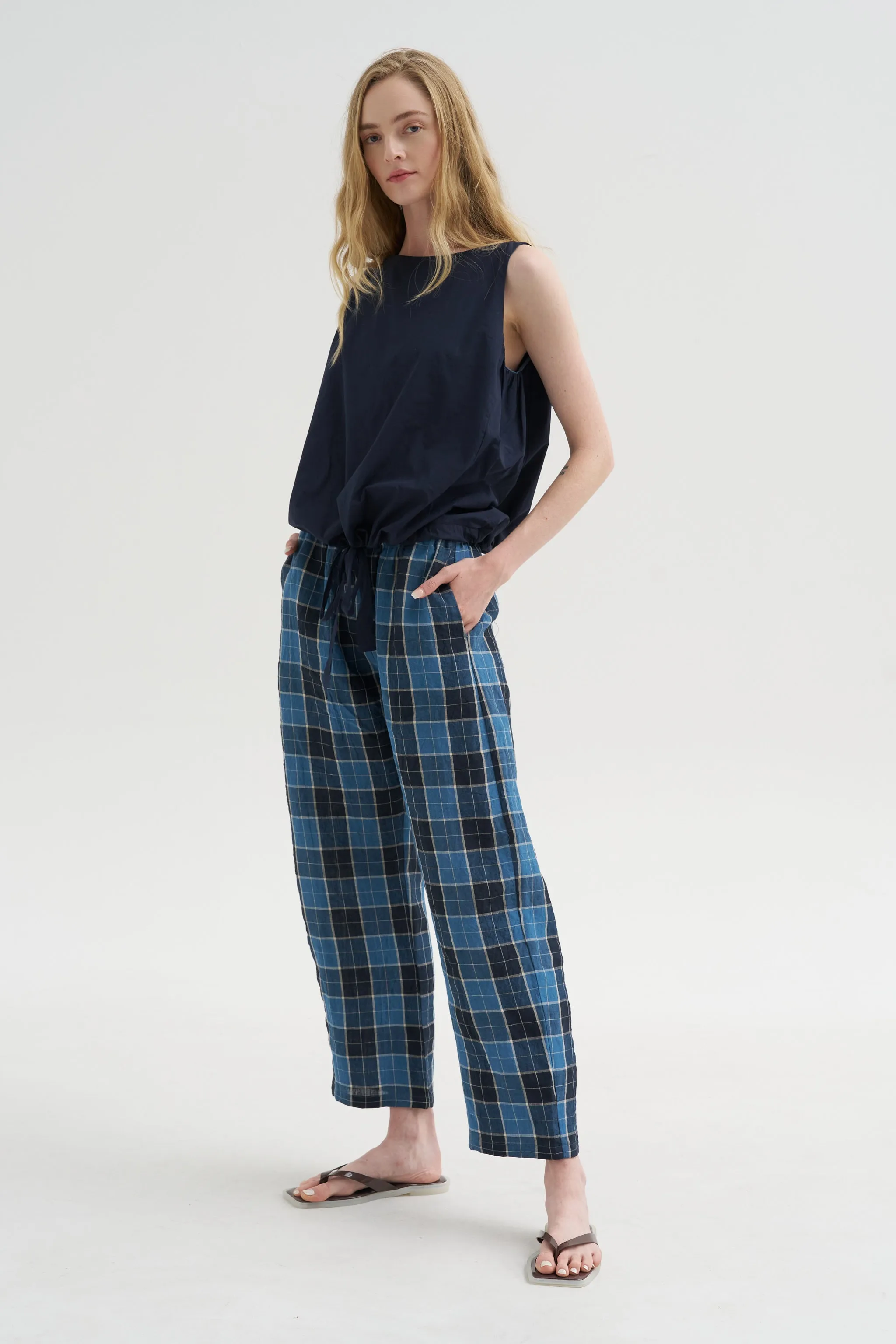 Tartan Linen Trousers, Sugar Blue sold by Kick Pleat product image thumbnail 5