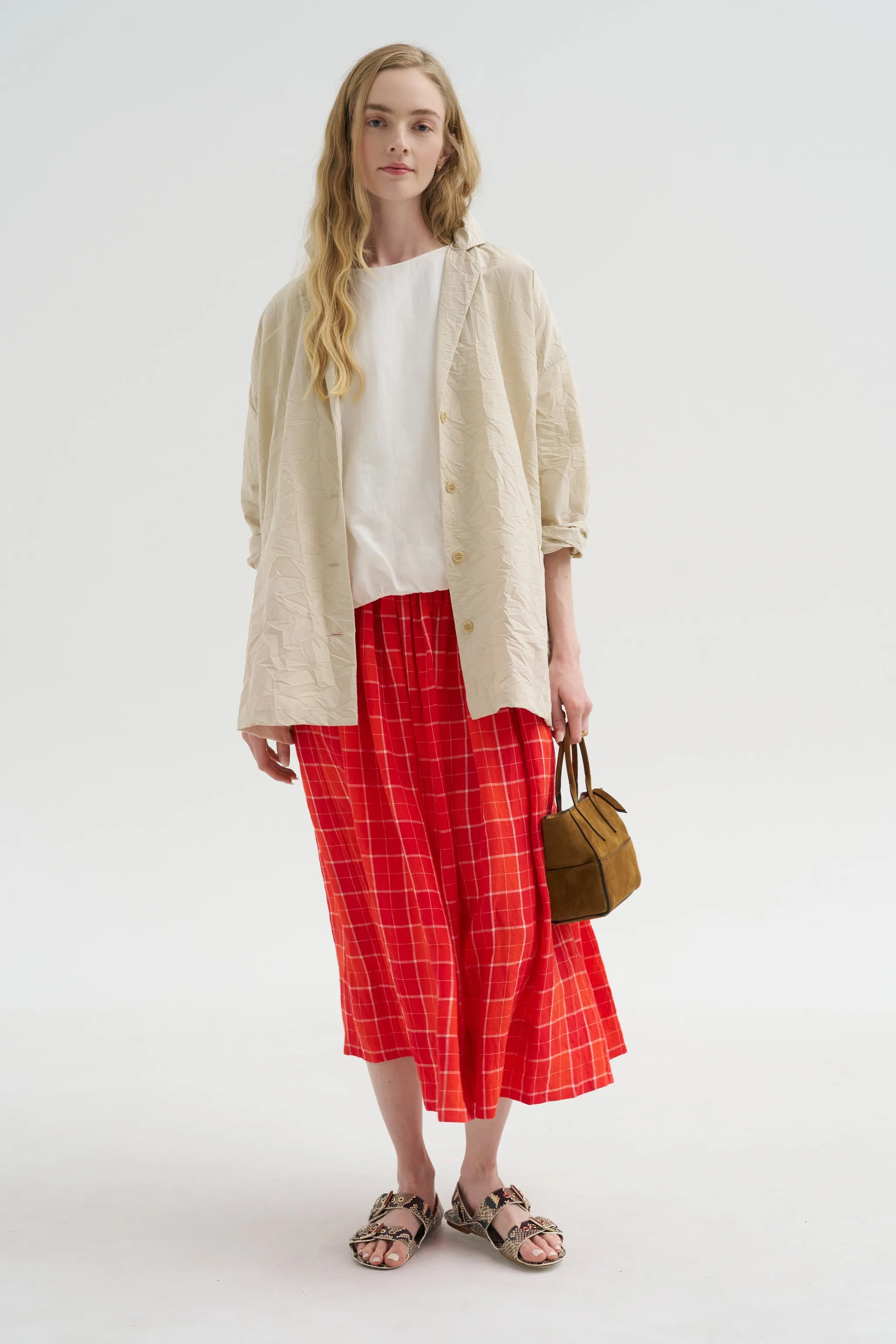 Tartan Linen Skirt, Tomato sold by Kick Pleat