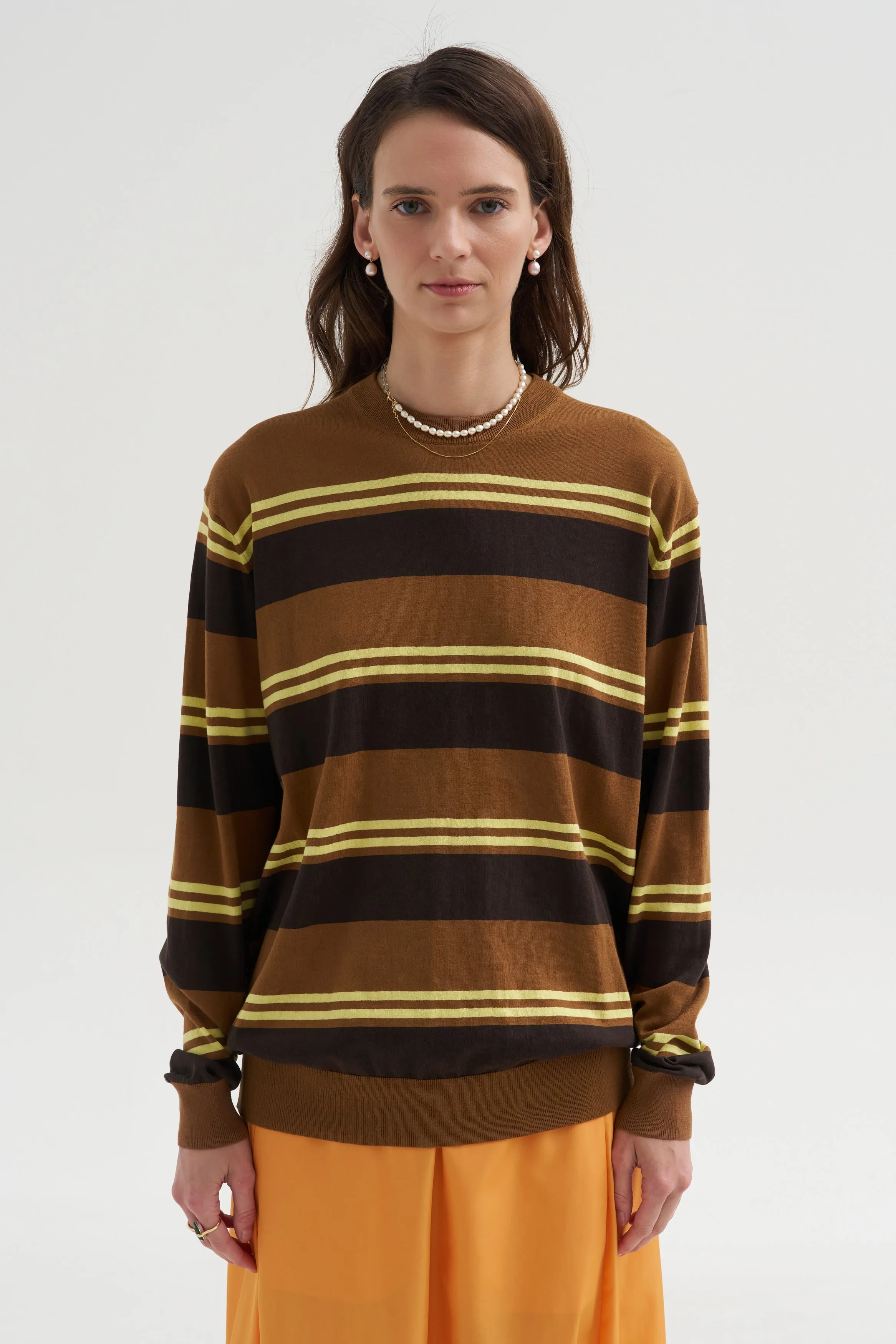Super Fine Gauge Striped Perfect Crewneck Pullover, Brown Multi sold by Kick Pleat product image thumbnail 2