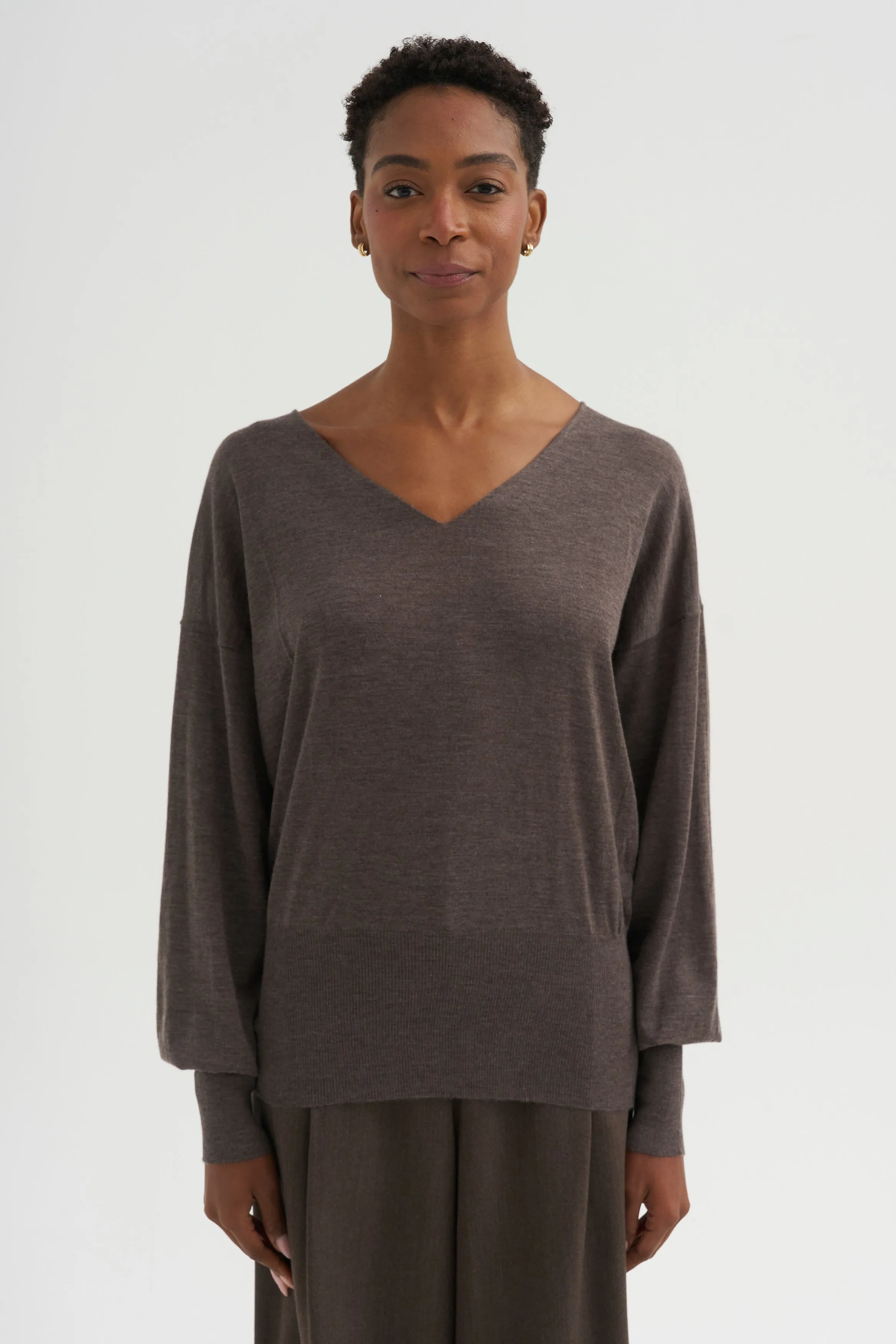 V-Neck Blause Sweater, Dark Taupe sold by Kick Pleat product image thumbnail 2