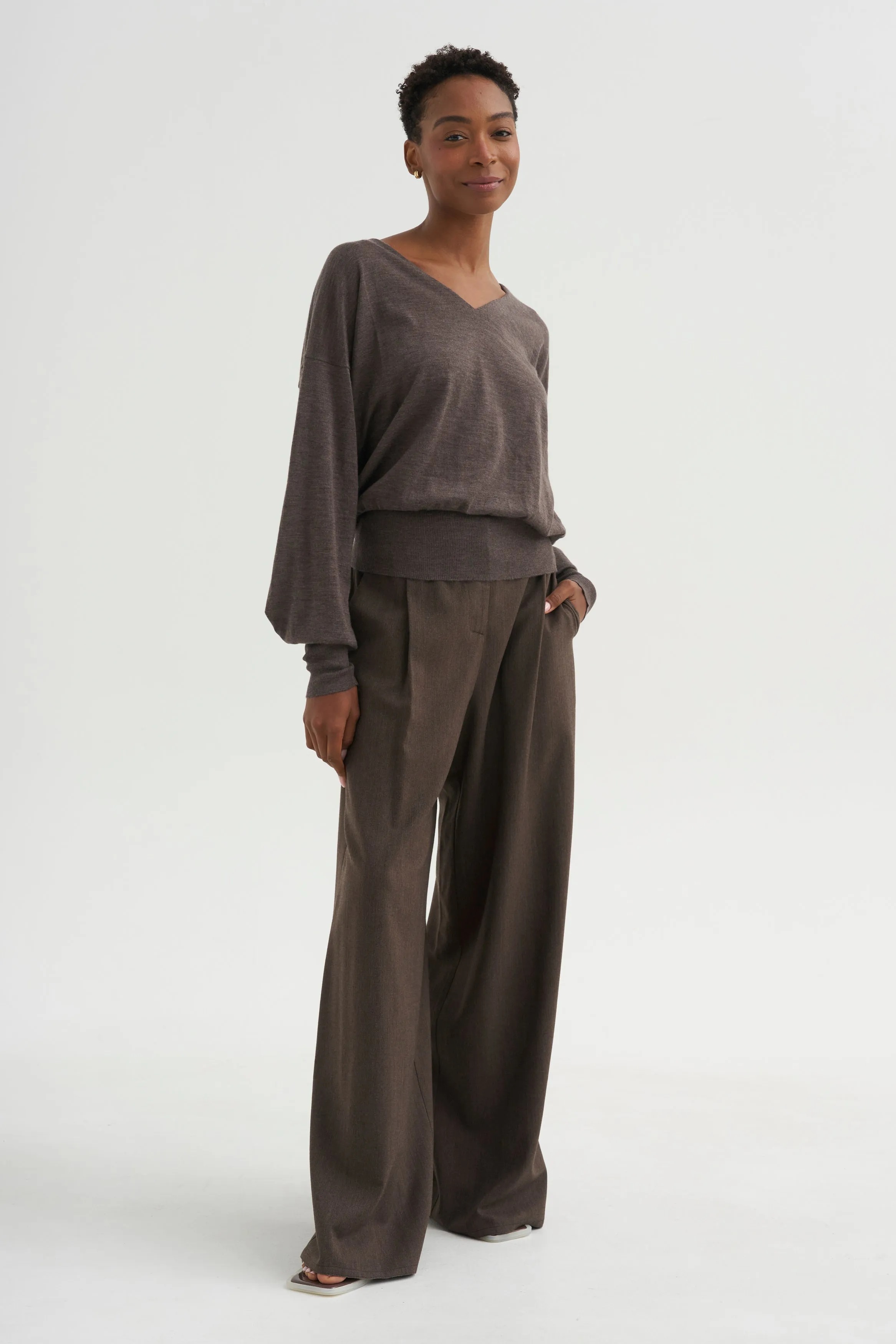V-Neck Blause Sweater, Dark Taupe sold by Kick Pleat