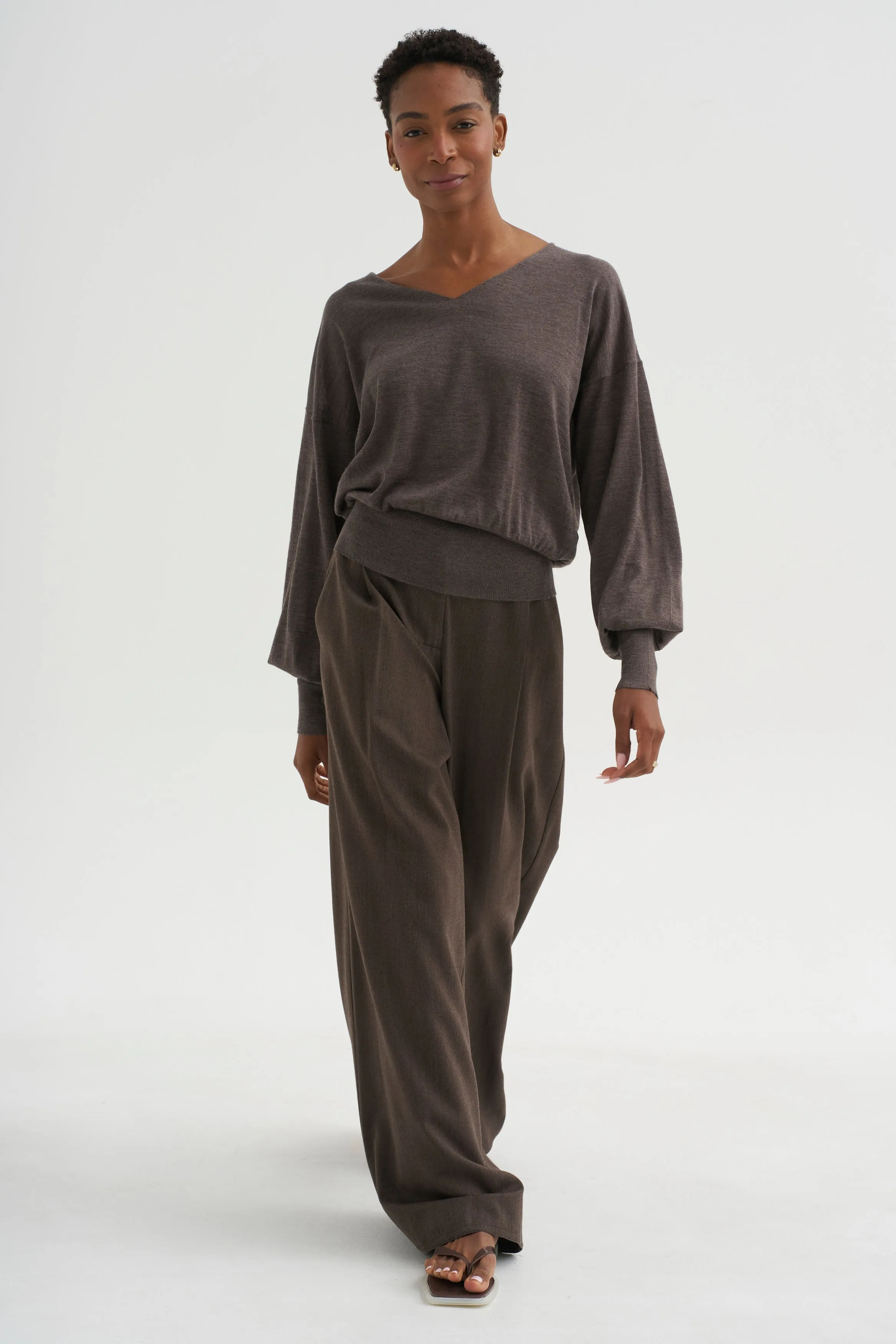 V-Neck Blause Sweater, Dark Taupe sold by Kick Pleat product image thumbnail 5