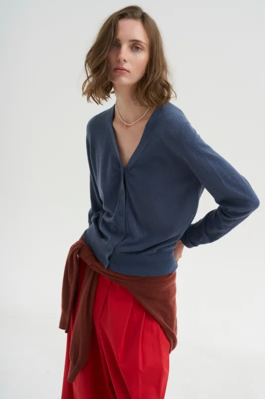 Skinlike Mercerized Wool V-Neck Shrunken Cardigan, Blue Fog made by Tibi