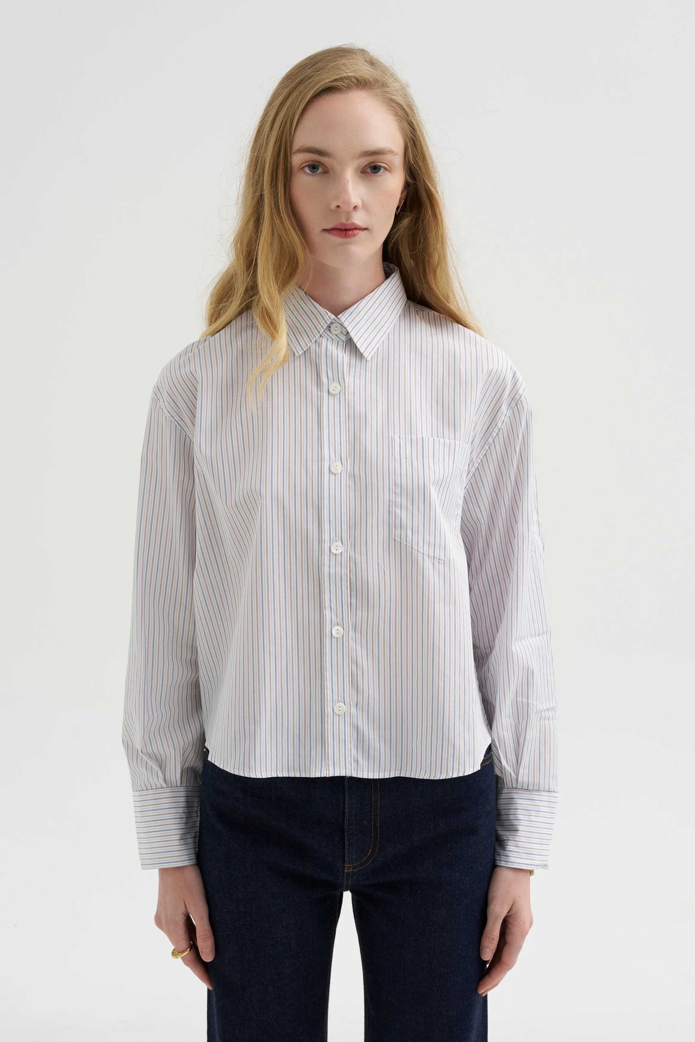 Button Sleeve Crop Shirt, White / Blue / Brown Stripe sold by Kick Pleat product image thumbnail 2