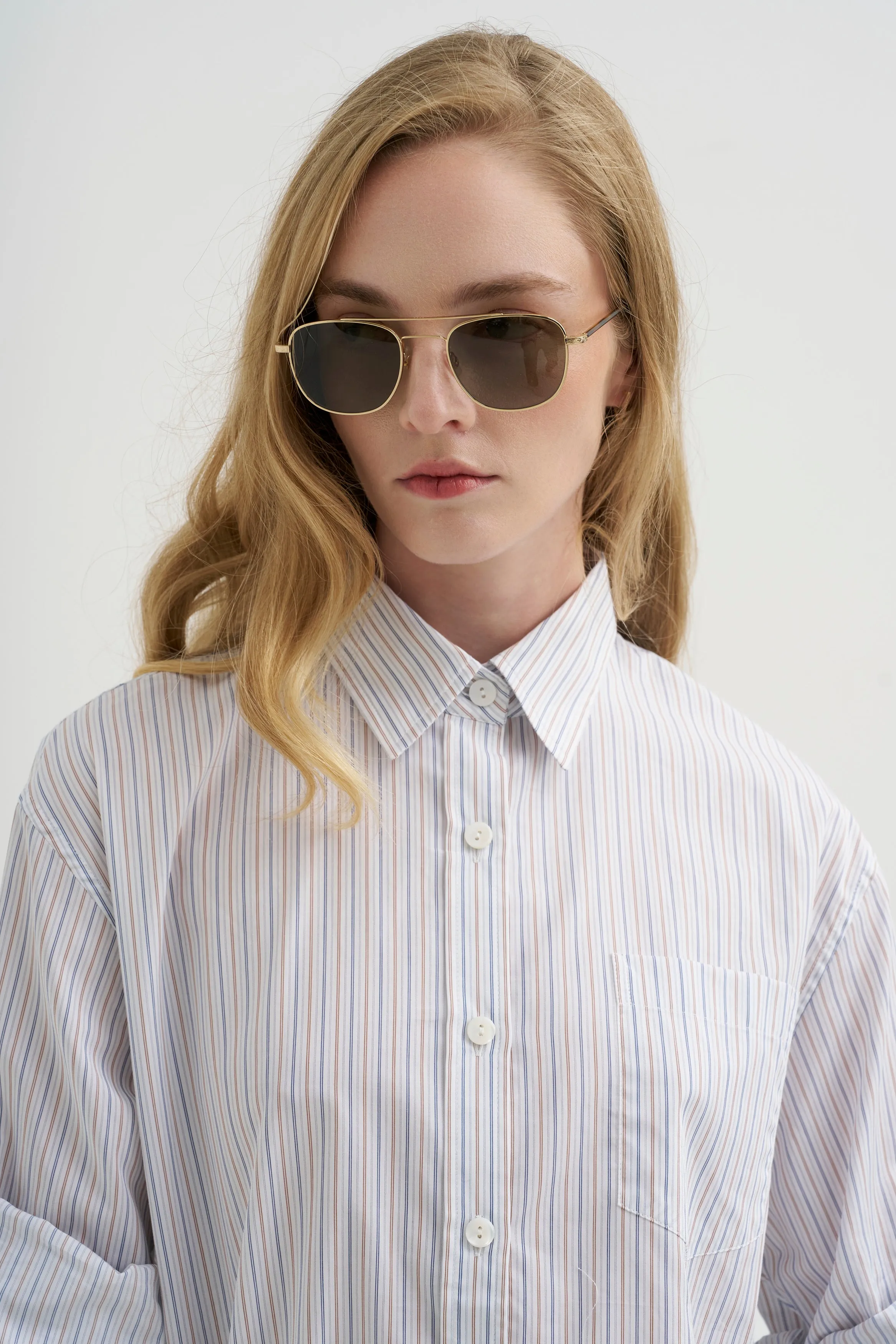 Button Sleeve Crop Shirt, White / Blue / Brown Stripe sold by Kick Pleat product image thumbnail 5