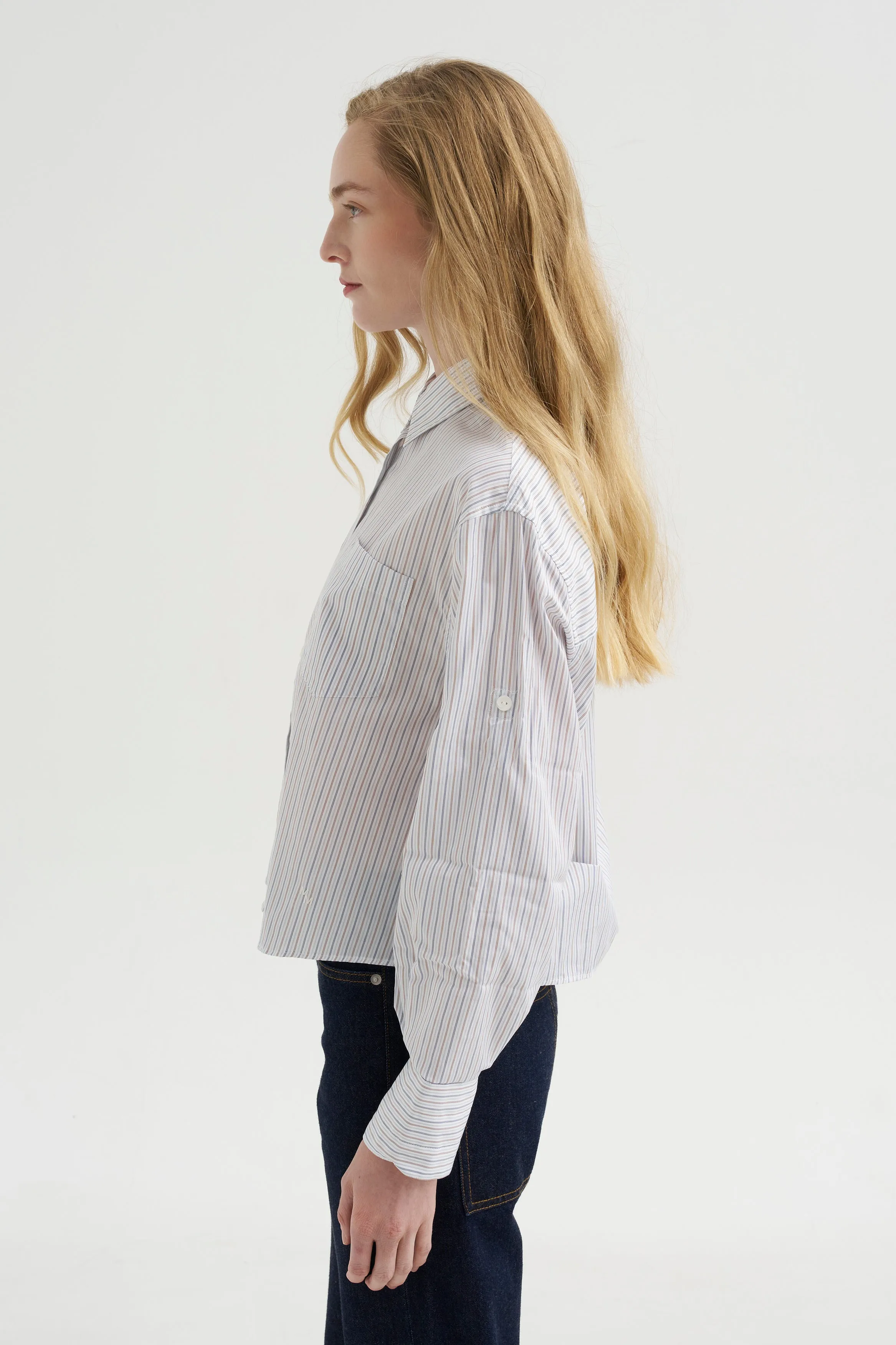 Button Sleeve Crop Shirt, White / Blue / Brown Stripe sold by Kick Pleat product image thumbnail 3