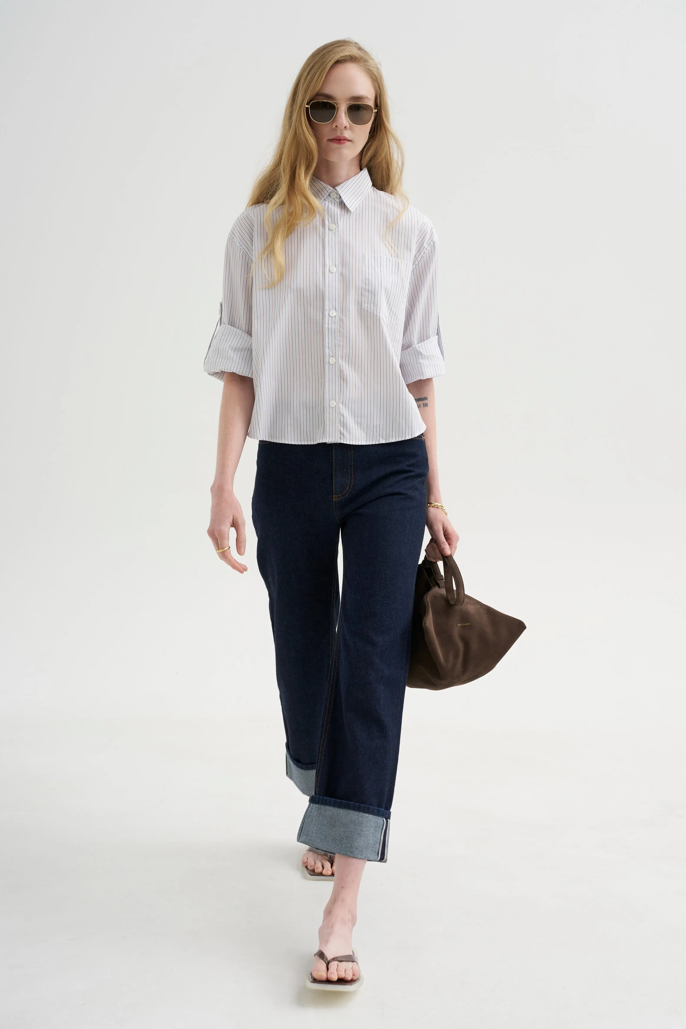 Button Sleeve Crop Shirt, White / Blue / Brown Stripe sold by Kick Pleat