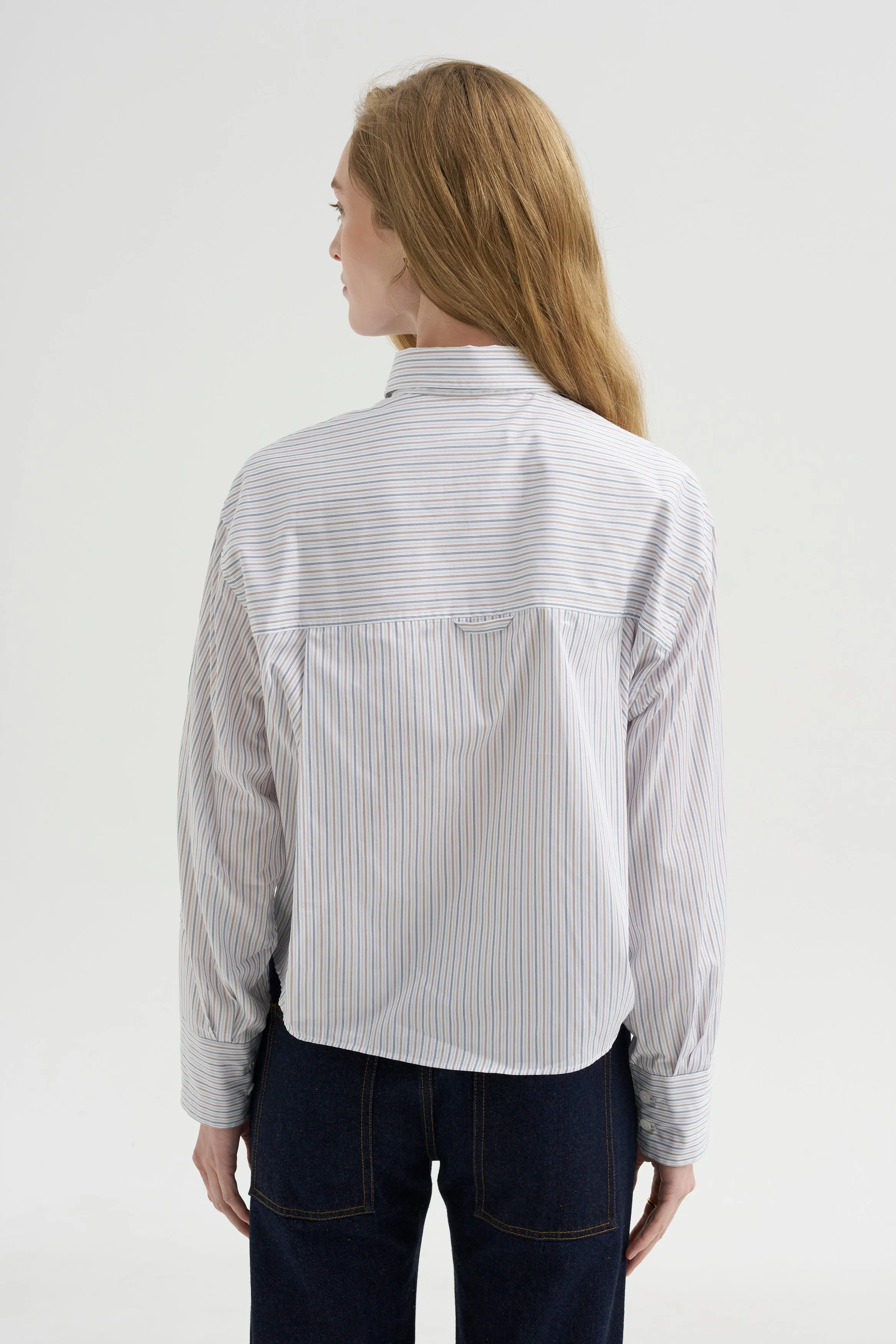 Button Sleeve Crop Shirt, White / Blue / Brown Stripe sold by Kick Pleat product image thumbnail 4