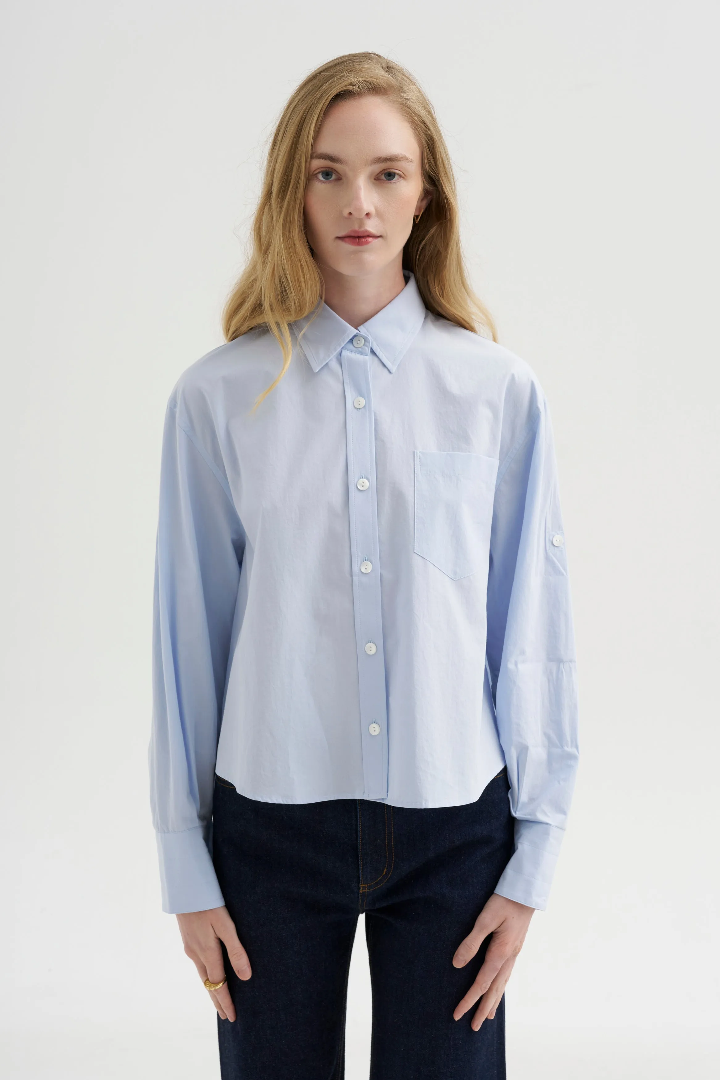 Button Sleeve Crop Shirt, Sky Blue sold by Kick Pleat product image thumbnail 2