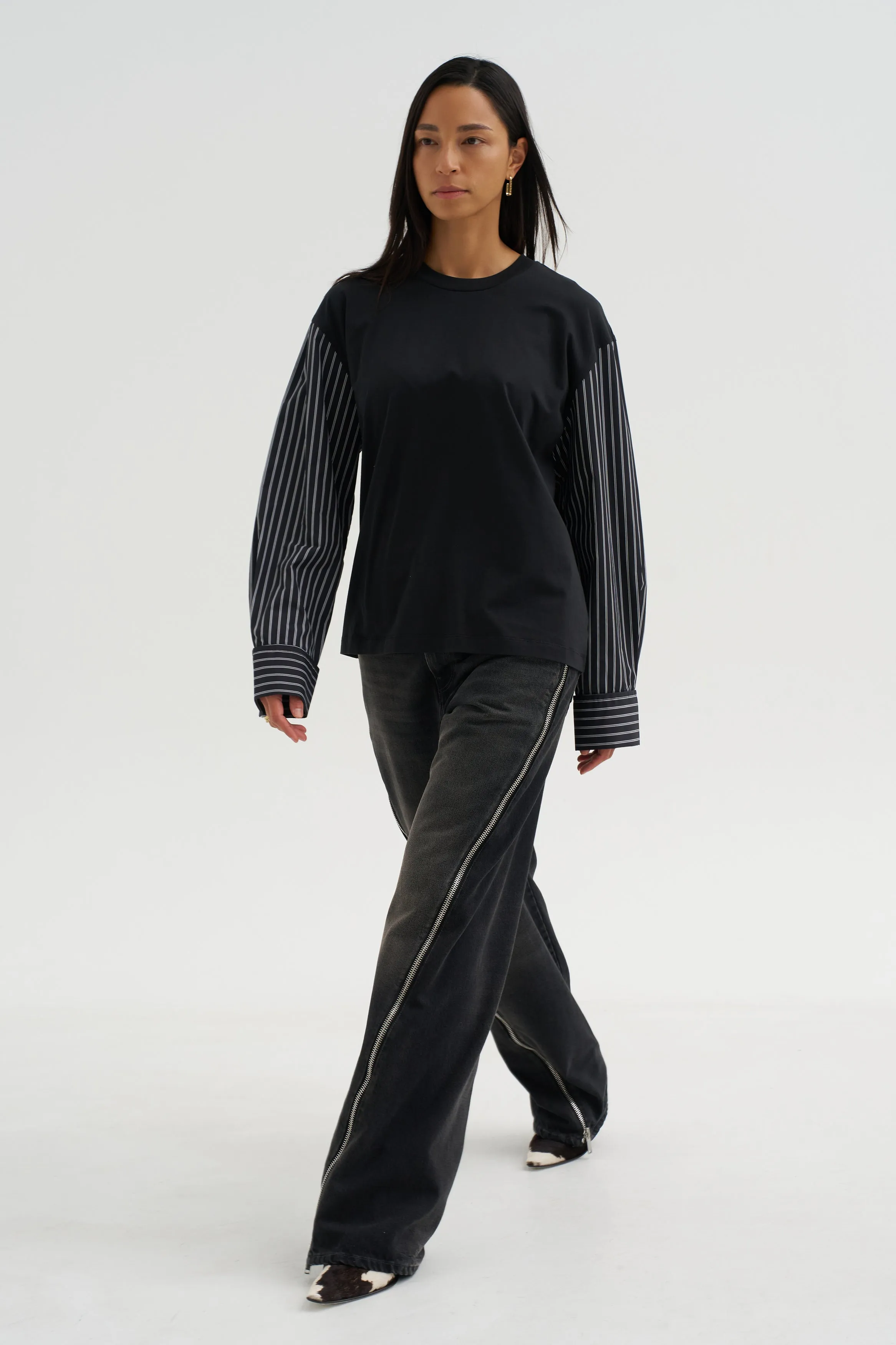 Techno Striped Poplin T-Shirt, Black sold by Kick Pleat