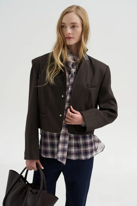 Herringbone Suiting Cropped Blazer, Brown Multi made by Tibi