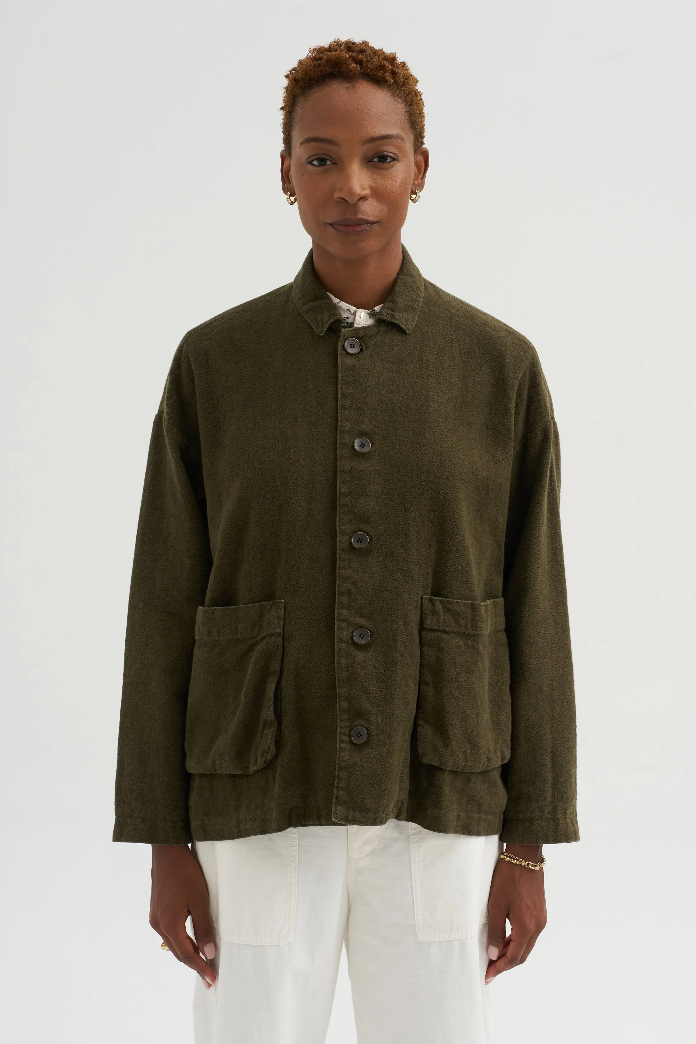 Natural Brushed Linen Cotton Twill Relaxed Coverall Jacket, Khaki sold by Kick Pleat product image thumbnail 2