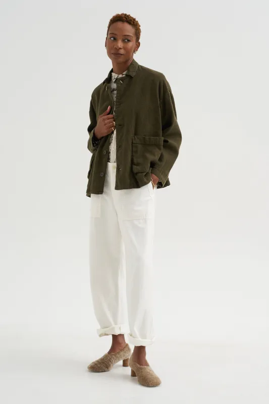 Natural Brushed Linen Cotton Twill Relaxed Coverall Jacket, Khaki made by Pas de Calais