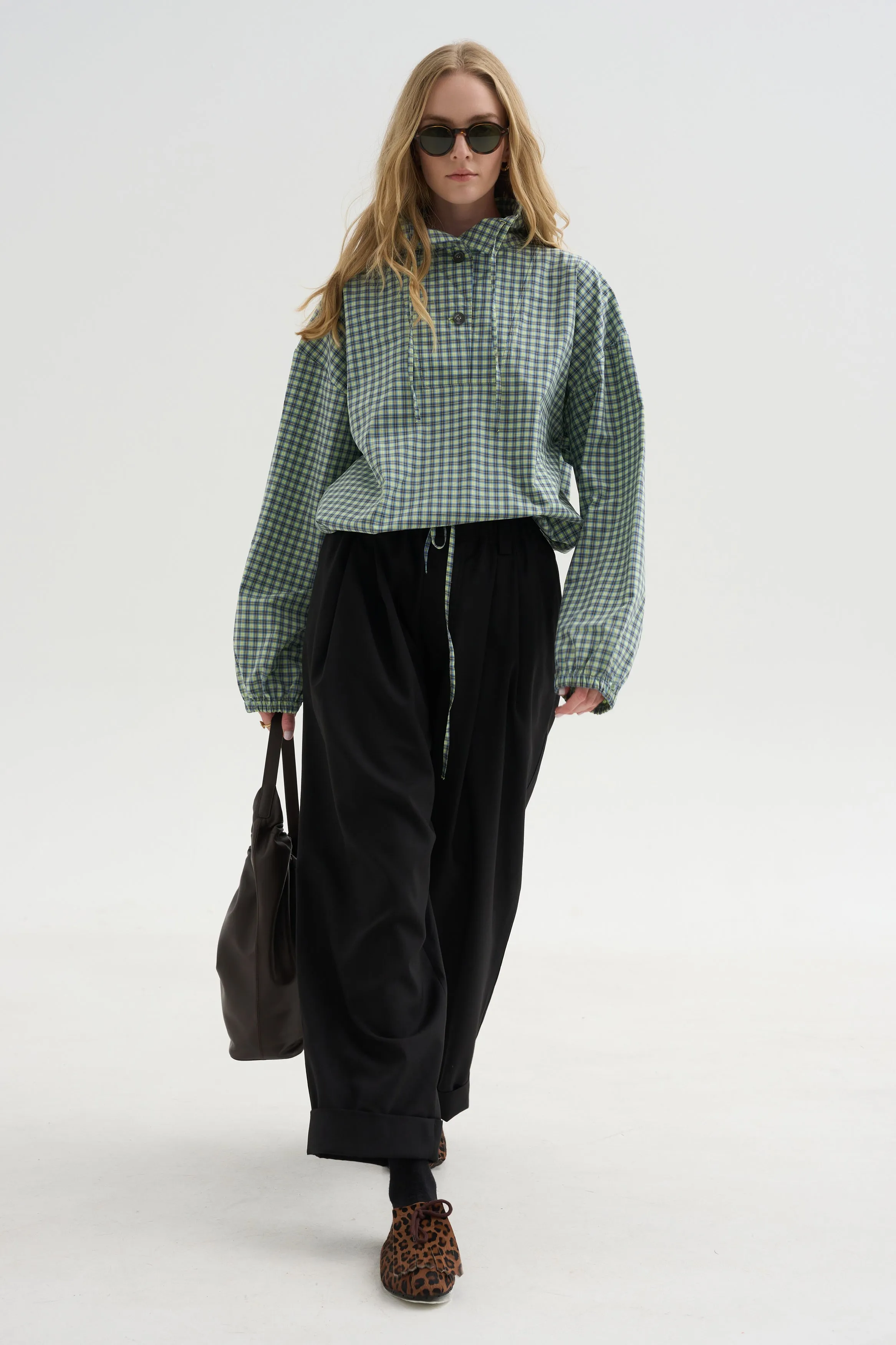 Checked Poplin Blouse with High Neck, Acid sold by Kick Pleat