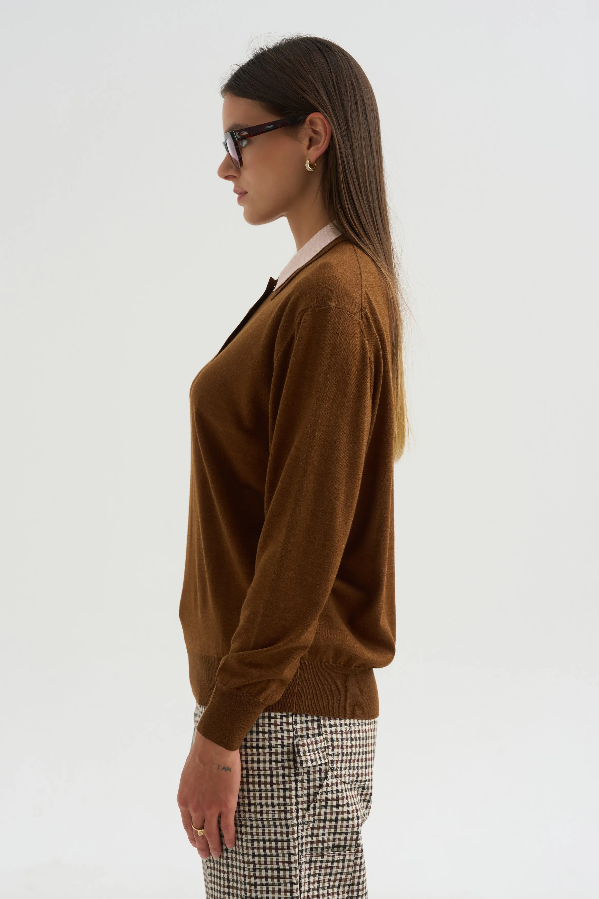 Long Sleeve Polo Double Collar, Brown & Pink sold by Kick Pleat product image thumbnail 3