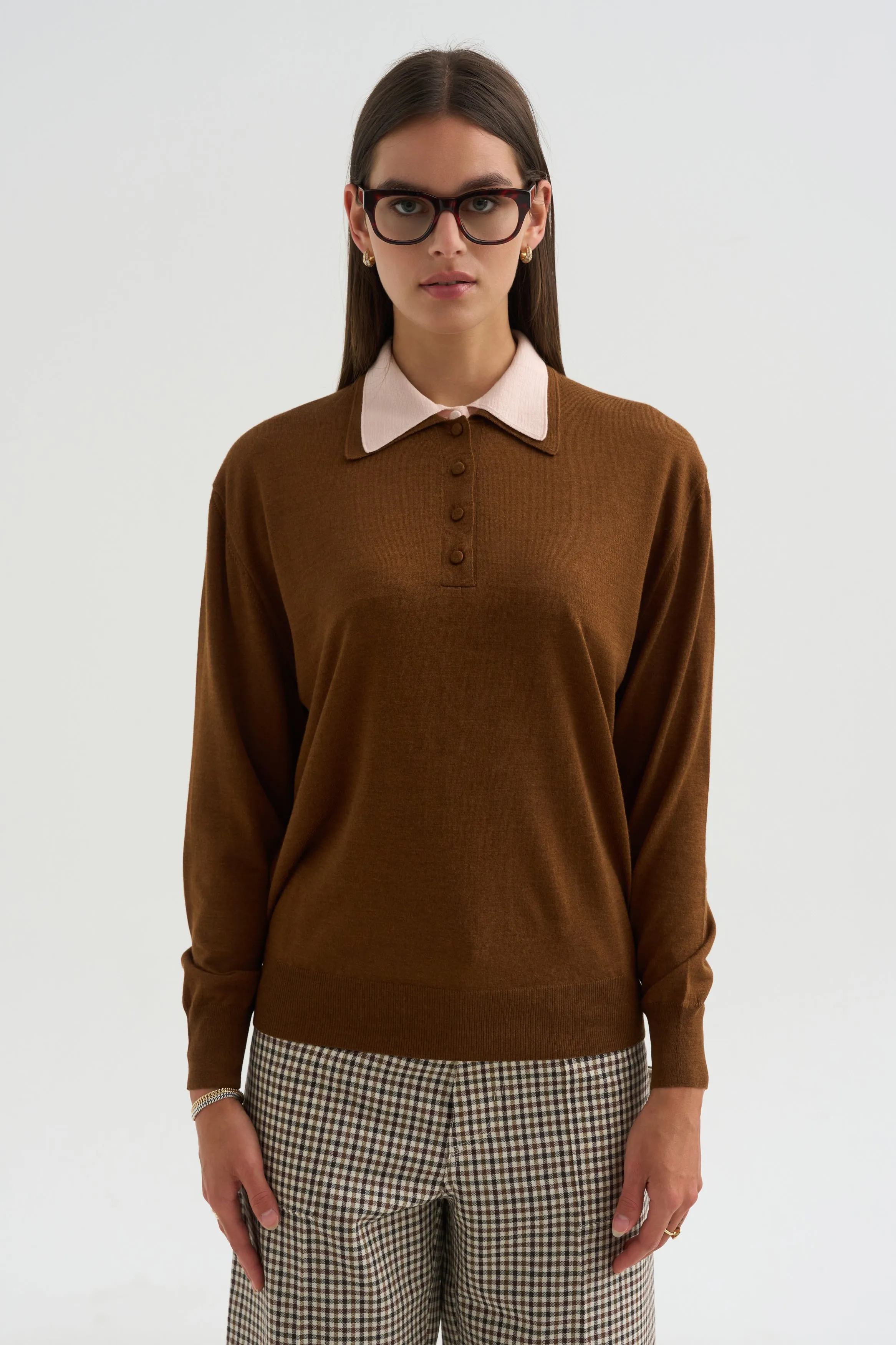 Long Sleeve Polo Double Collar, Brown & Pink sold by Kick Pleat product image thumbnail 2