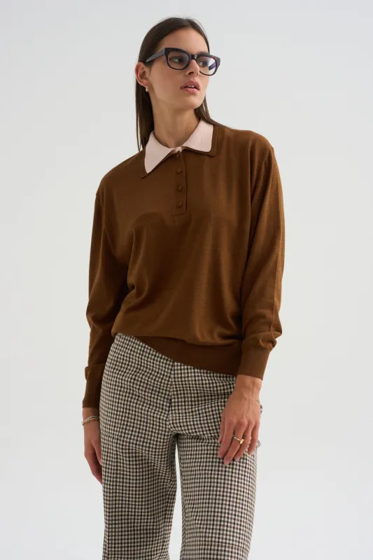 Long Sleeve Polo Double Collar, Brown & Pink made by Plan C