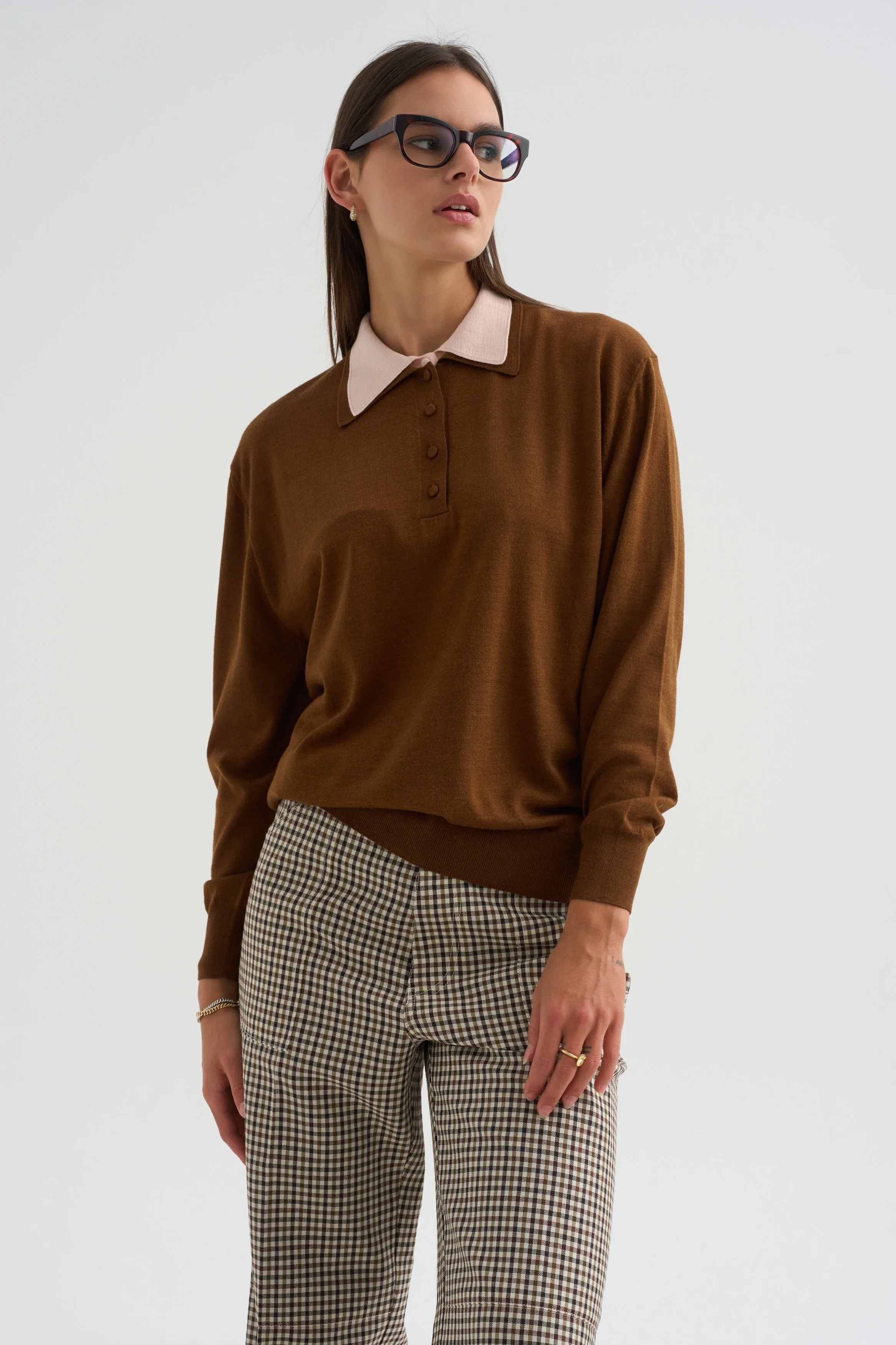 Long Sleeve Polo Double Collar, Brown & Pink sold by Kick Pleat