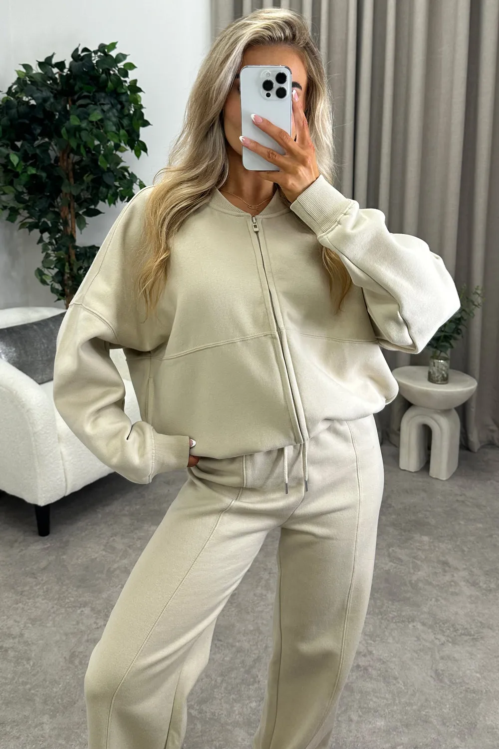 Emellie Beige Seam Front Zip Up Bomber Jacket and Joggers Tracksuit Set sold by Lasula product image thumbnail 3