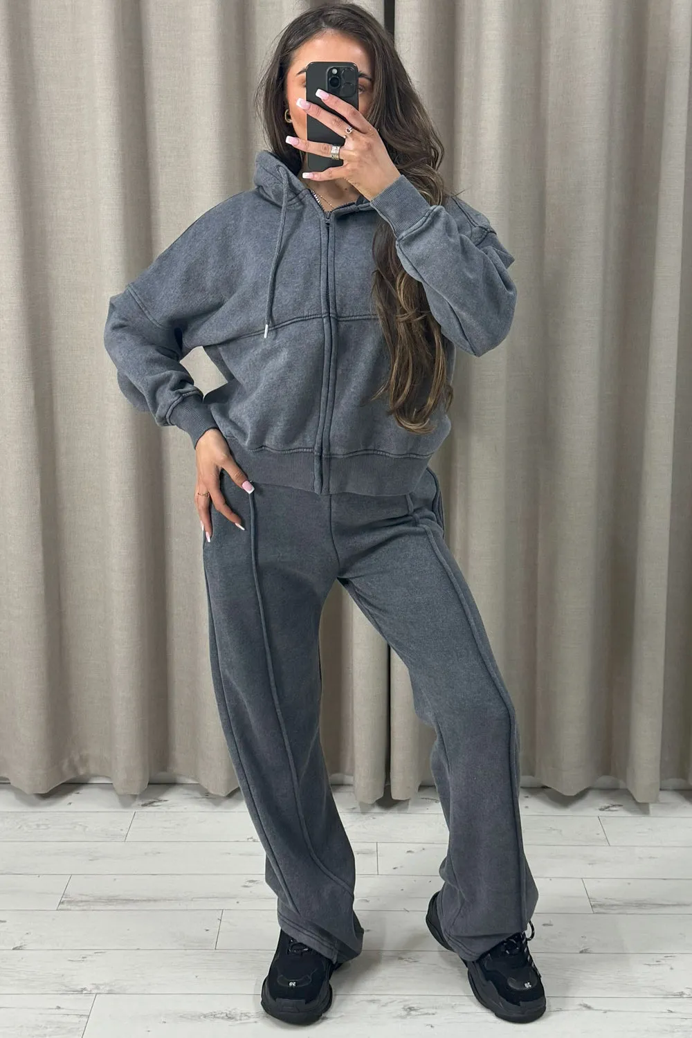 Lakara Charcoal Distressed Wash Seam Front Zip Up Hoodie and Joggers Tracksuit Set sold by Lasula product image thumbnail 3