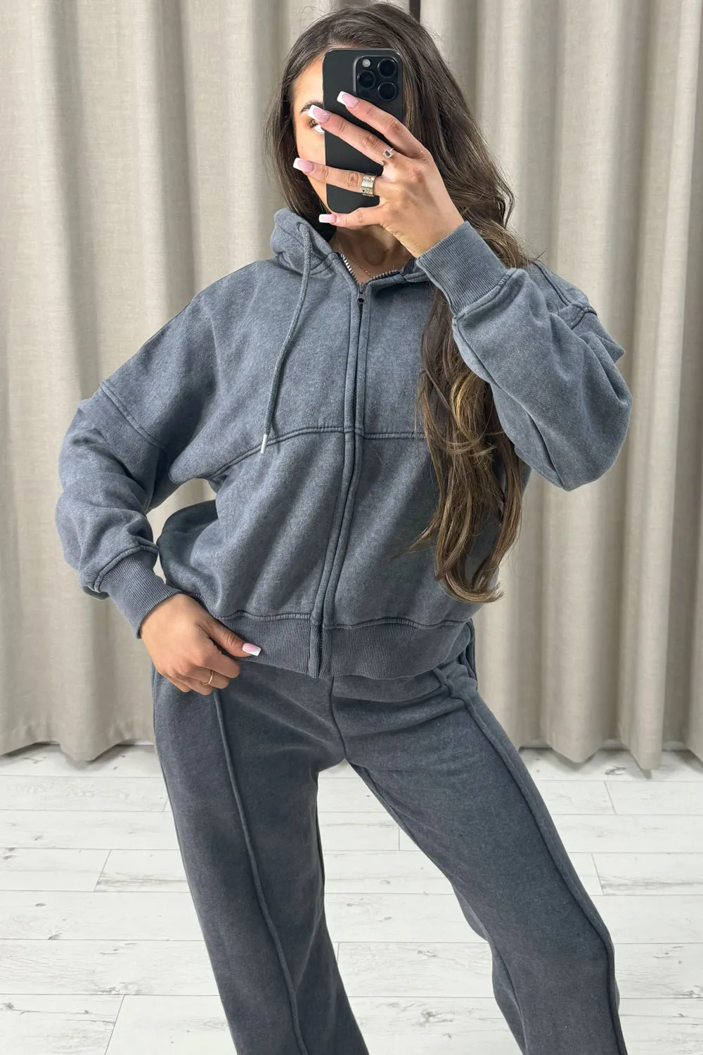 Lakara Charcoal Distressed Wash Seam Front Zip Up Hoodie and Joggers Tracksuit Set sold by Lasula product image thumbnail 2