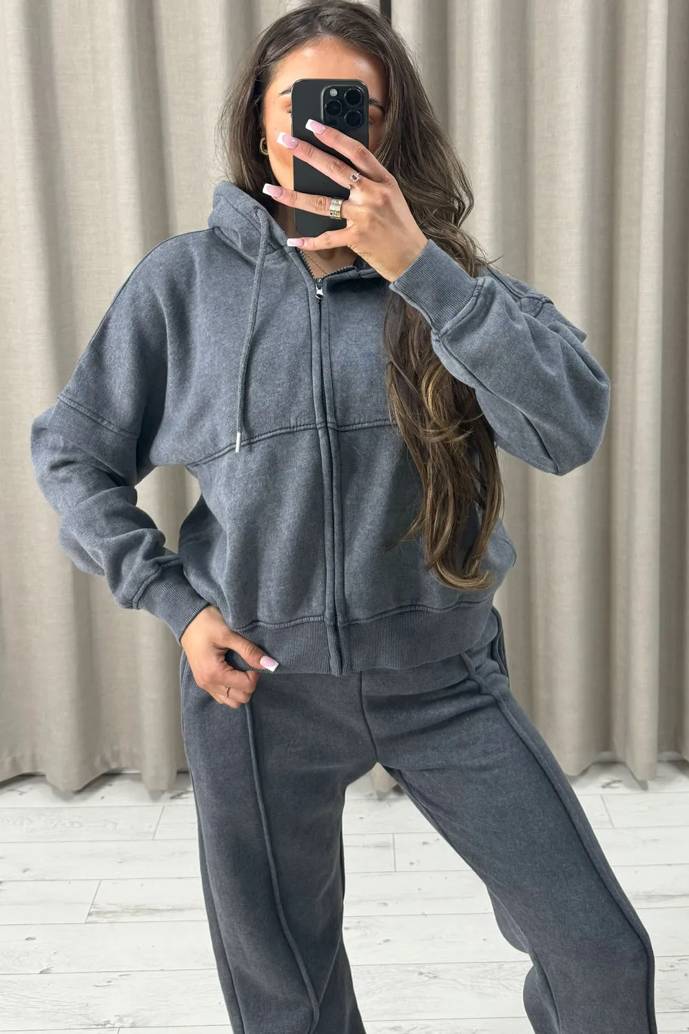 Lakara Charcoal Distressed Wash Seam Front Zip Up Hoodie and Joggers Tracksuit Set sold by Lasula product image thumbnail 4