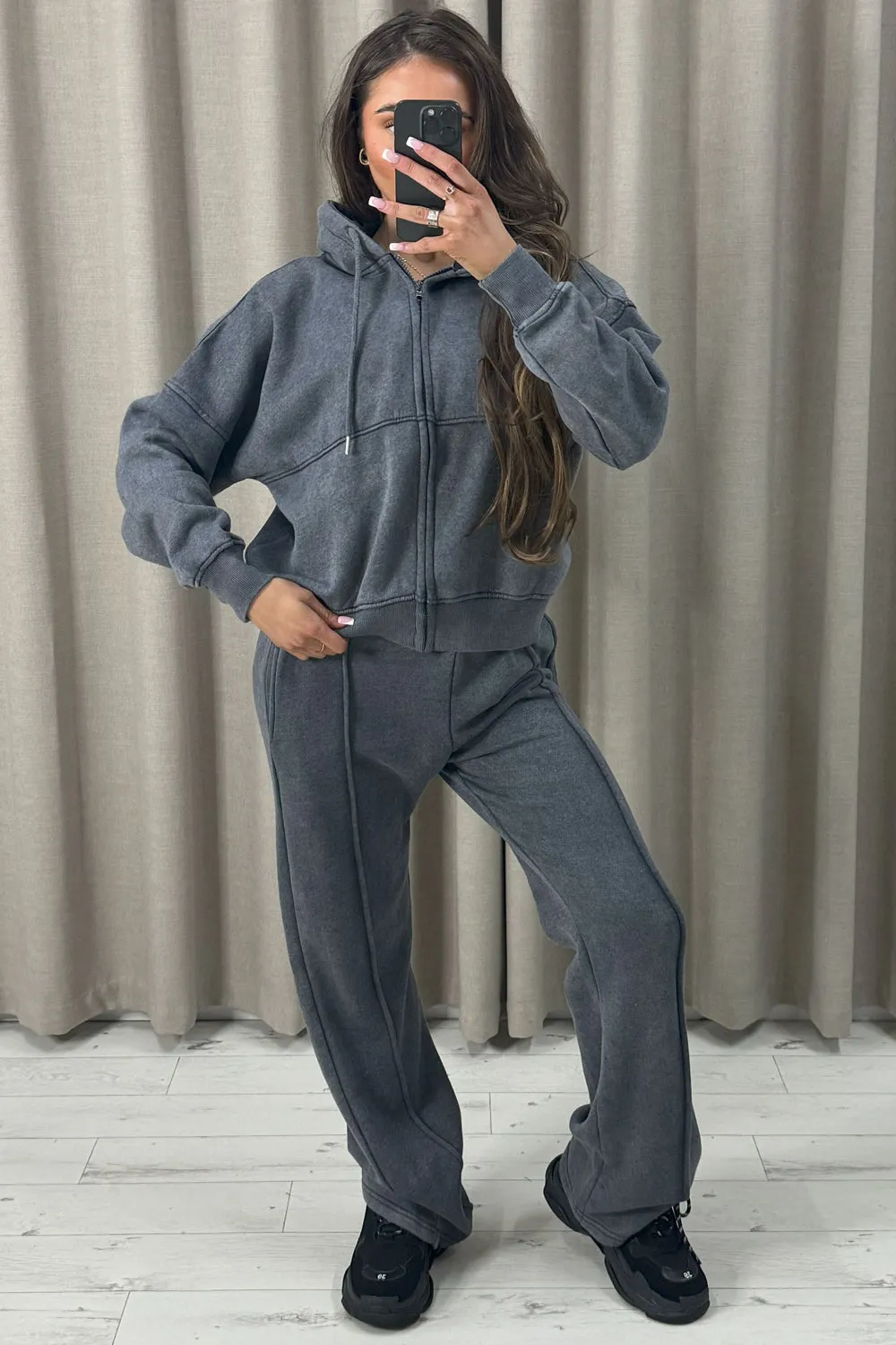 Lakara Charcoal Distressed Wash Seam Front Zip Up Hoodie and Joggers Tracksuit Set sold by Lasula