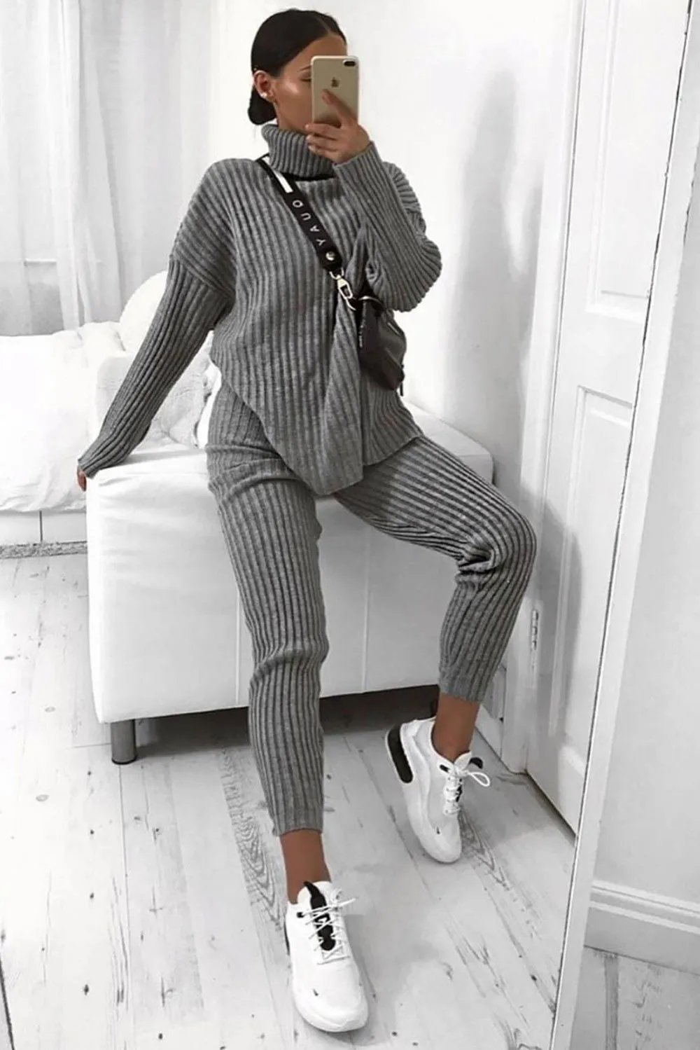 Juniper Grey Oversized Roll Neck Knitted Co-Ord sold by Lasula