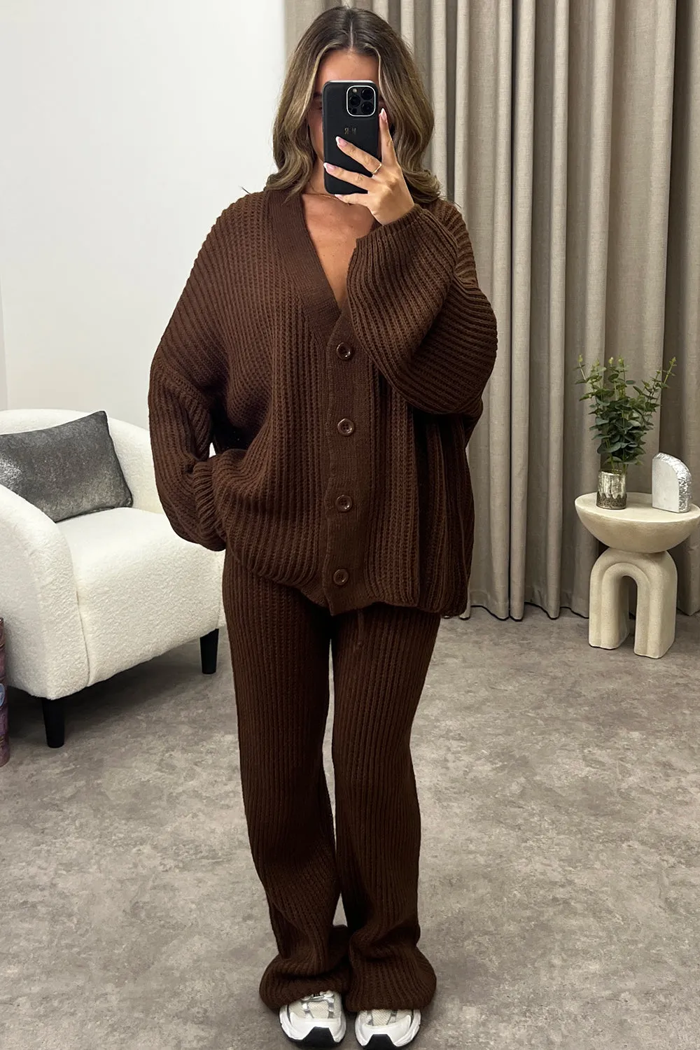 Mandi Brown Ribbed Knit Cardigan and Trousers Loungewear Set sold by Lasula