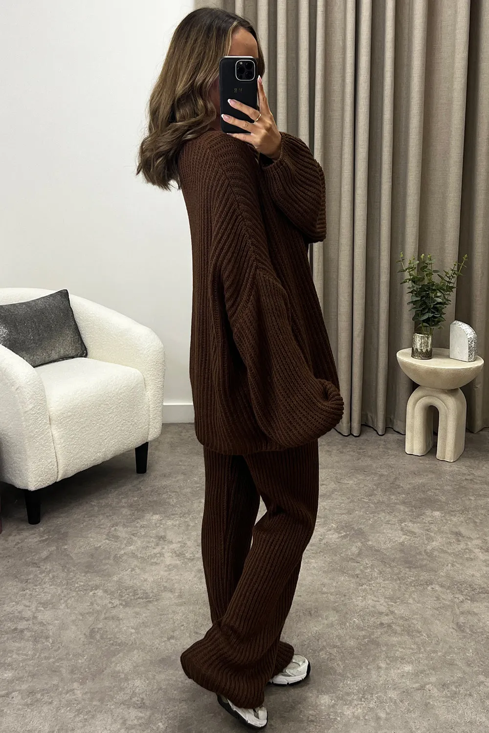 Mandi Brown Ribbed Knit Cardigan and Trousers Loungewear Set sold by Lasula product image thumbnail 3