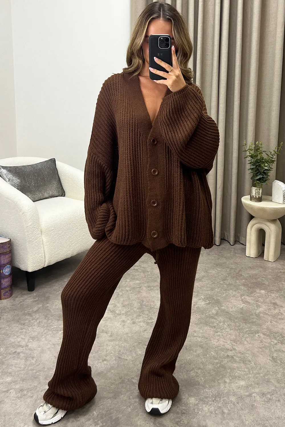 Mandi Brown Ribbed Knit Cardigan and Trousers Loungewear Set sold by Lasula product image thumbnail 2