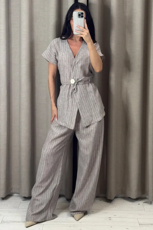 Sady Beige Stripe Gold Button Waistcoat and Wide Leg Trousers Co-Ord Set sold by Lasula