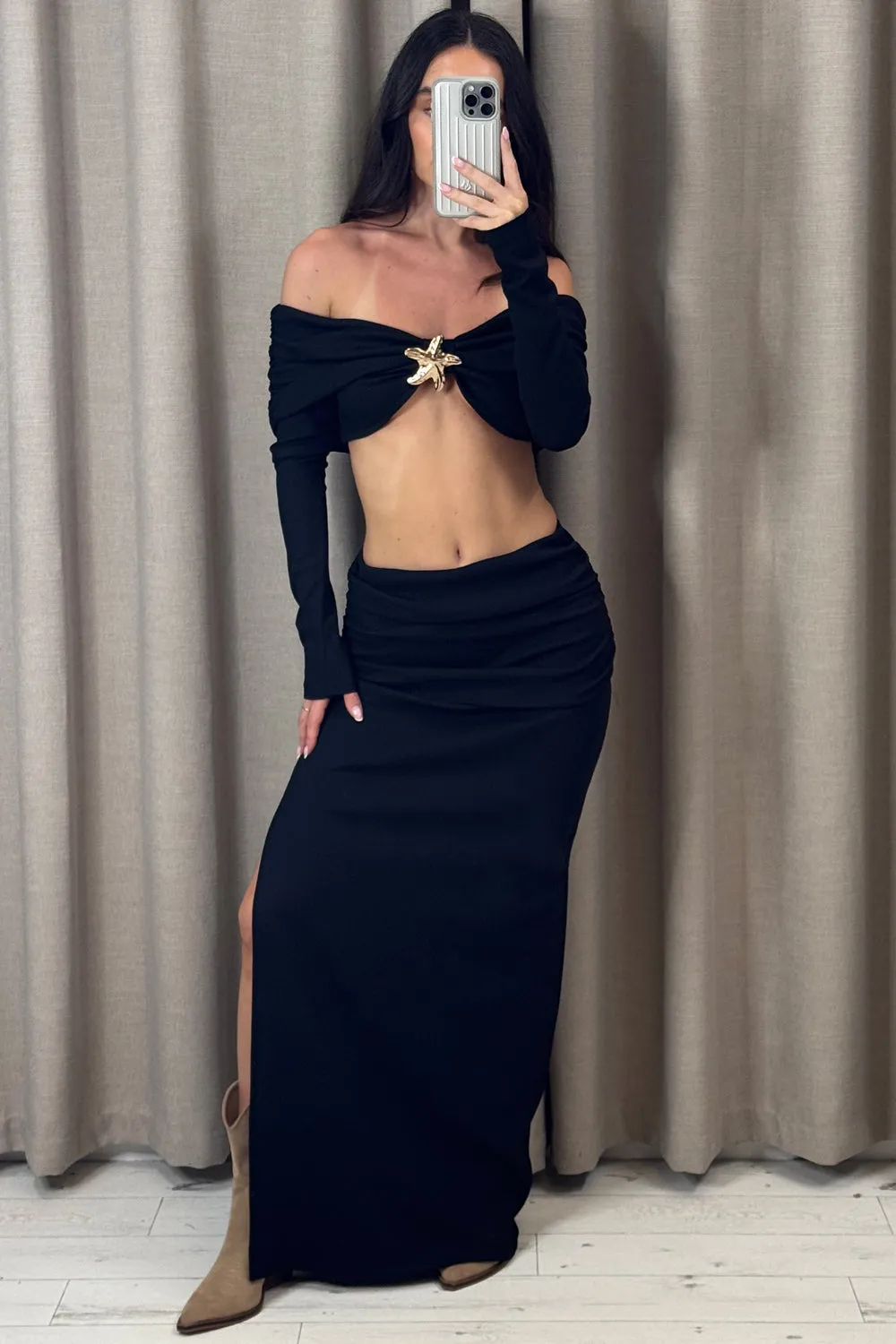 Aila Black Waffle Starfish Embellished Bardot Top and Skirt Co-Ord Set sold by Lasula