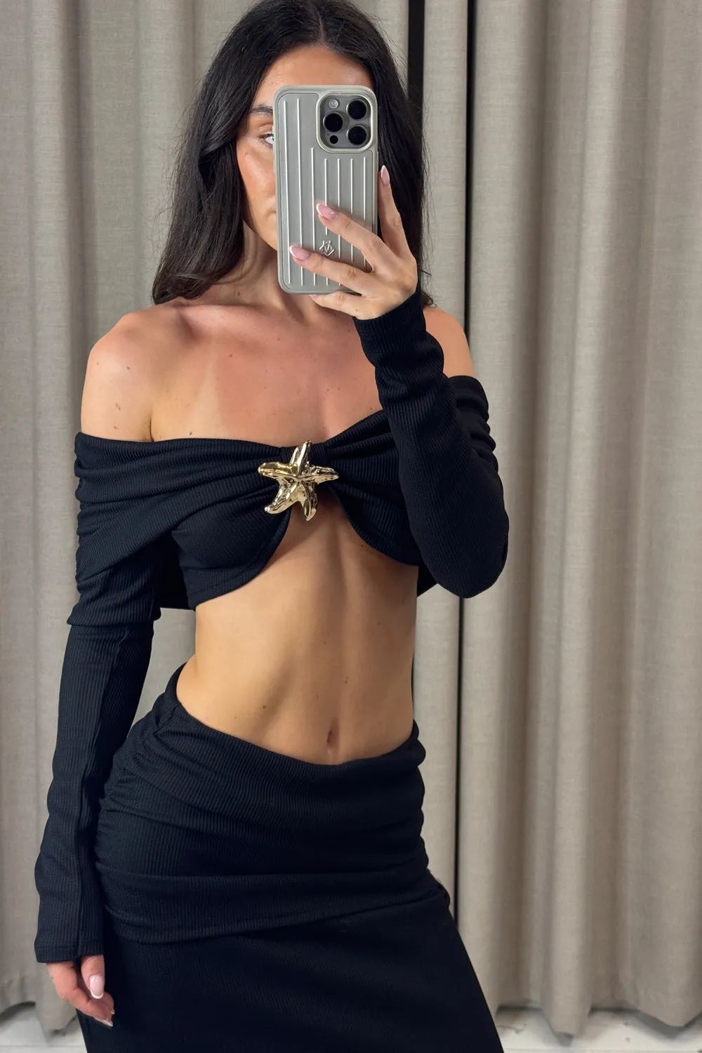 Aila Black Waffle Starfish Embellished Bardot Top and Skirt Co-Ord Set sold by Lasula product image thumbnail 3