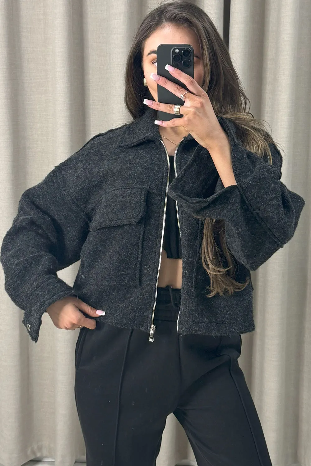 Liane Black Wool Look Pocket Detail Zip Up Jacket sold by Lasula product image thumbnail 4