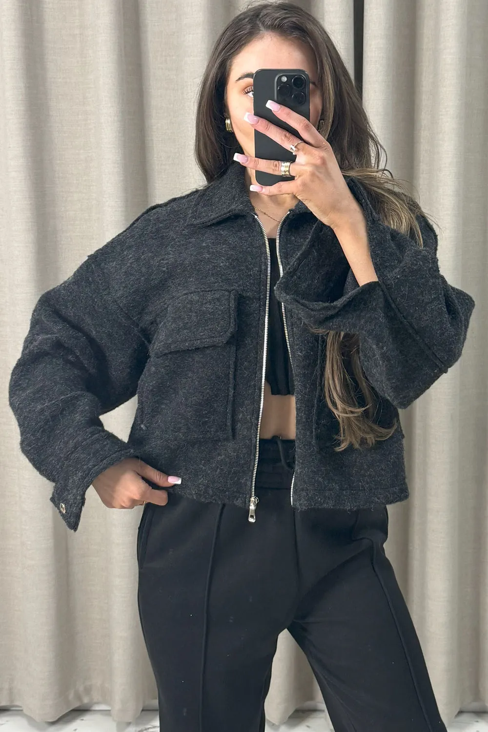 Liane Black Wool Look Pocket Detail Zip Up Jacket sold by Lasula product image thumbnail 2