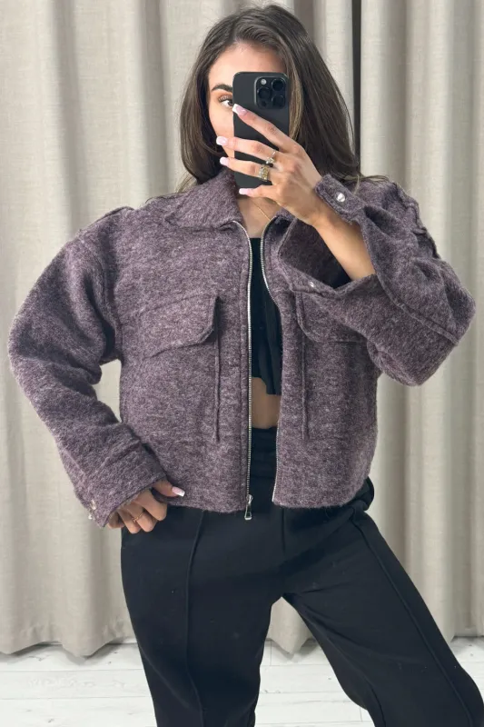 Liane Purple Wool Look Pocket Detail Zip Up Jacket made by Lasula