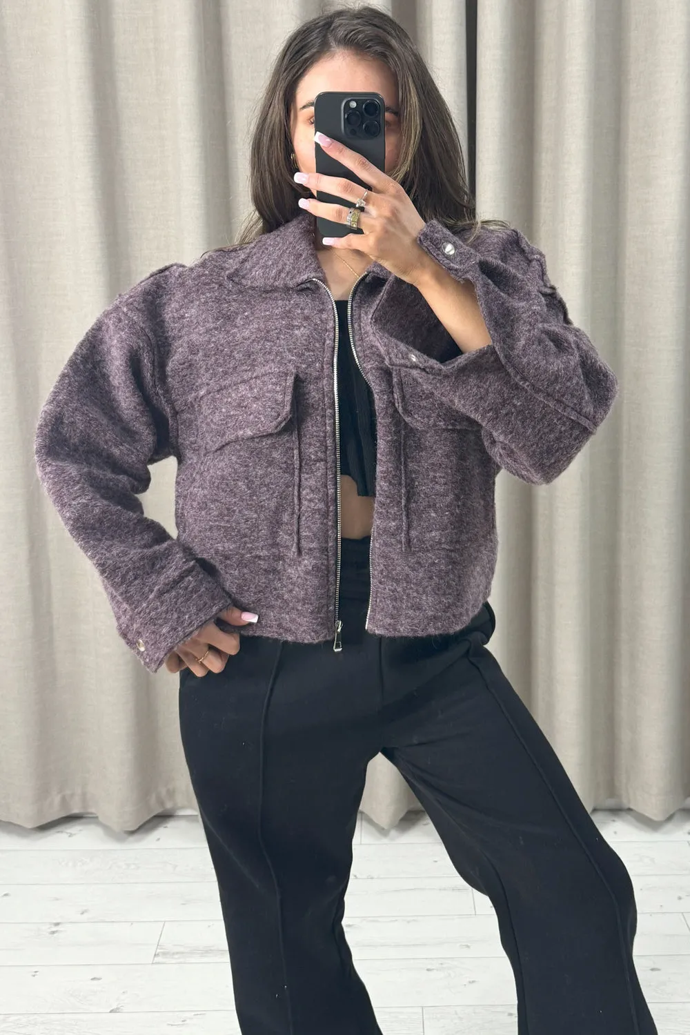 Liane Purple Wool Look Pocket Detail Zip Up Jacket sold by Lasula product image thumbnail 3