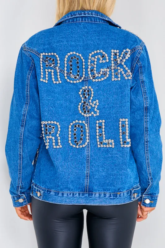Blue Rock And Roll Slogan Studded Denim Jacket sold by Lasula