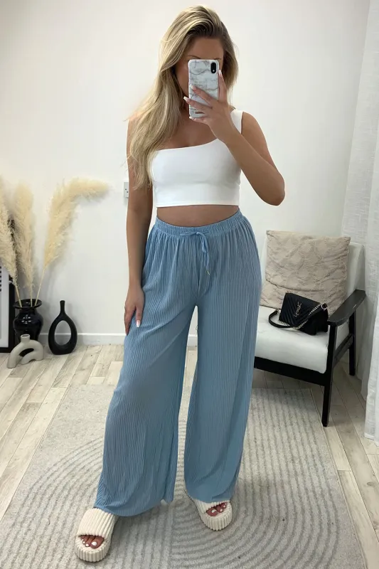 Tanya Powder Blue Plisse High Waisted Drawstring Wide Leg Trousers sold by Lasula