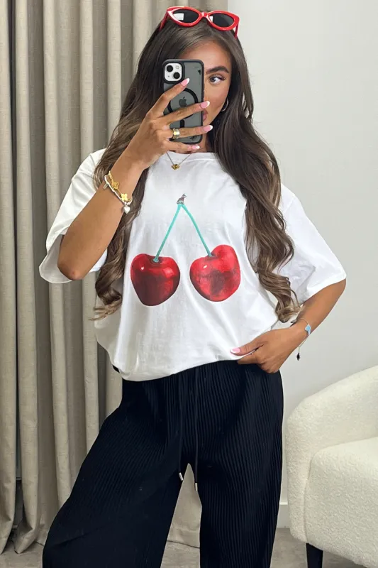 Kaidy White Cherry Graphic Print T-Shirt sold by Lasula