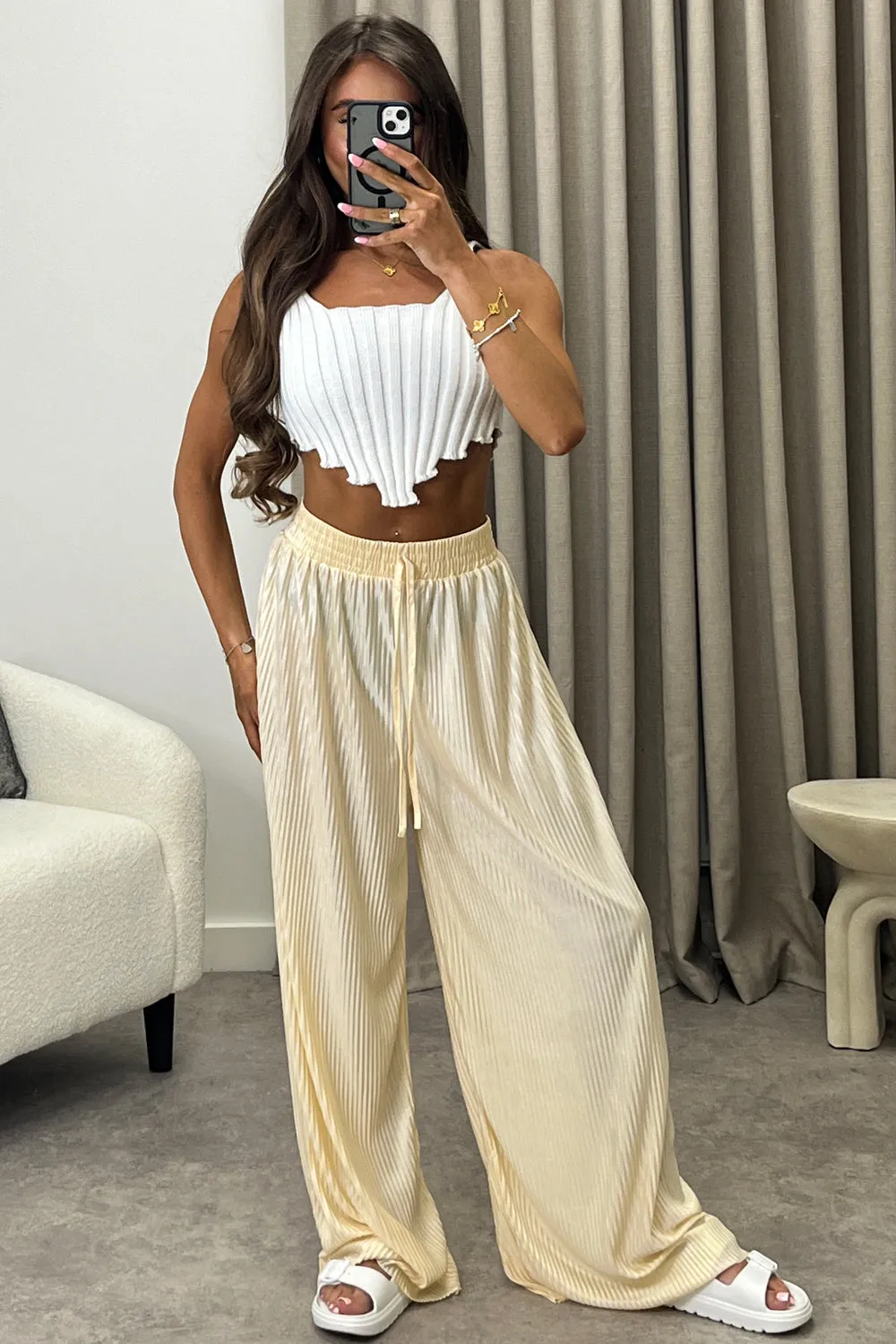 Chrissy Gold Plisse High Waisted Wide Leg Satin Trousers sold by Lasula product image thumbnail 2