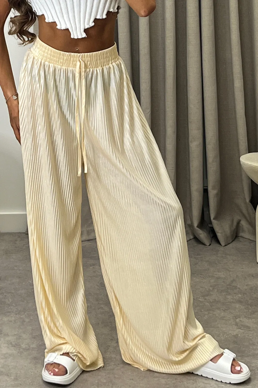 Chrissy Gold Plisse High Waisted Wide Leg Satin Trousers sold by Lasula product image thumbnail 3