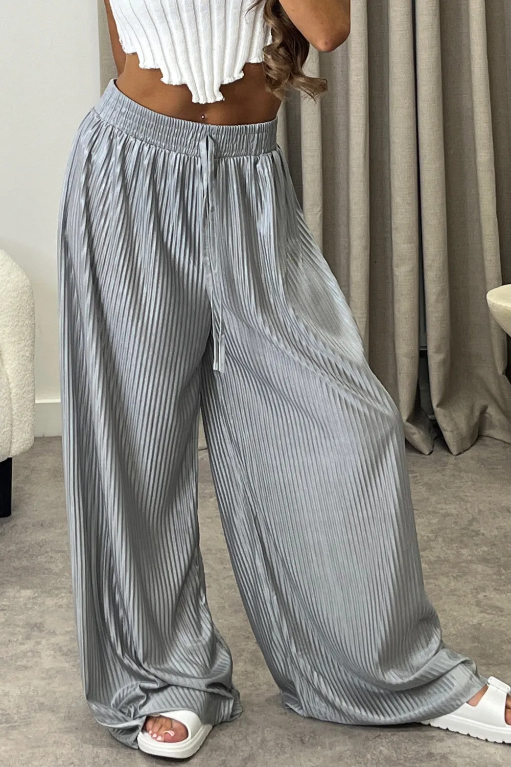 Chrissy Grey Plisse High Waisted Wide Leg Satin Trousers sold by Lasula product image thumbnail 2