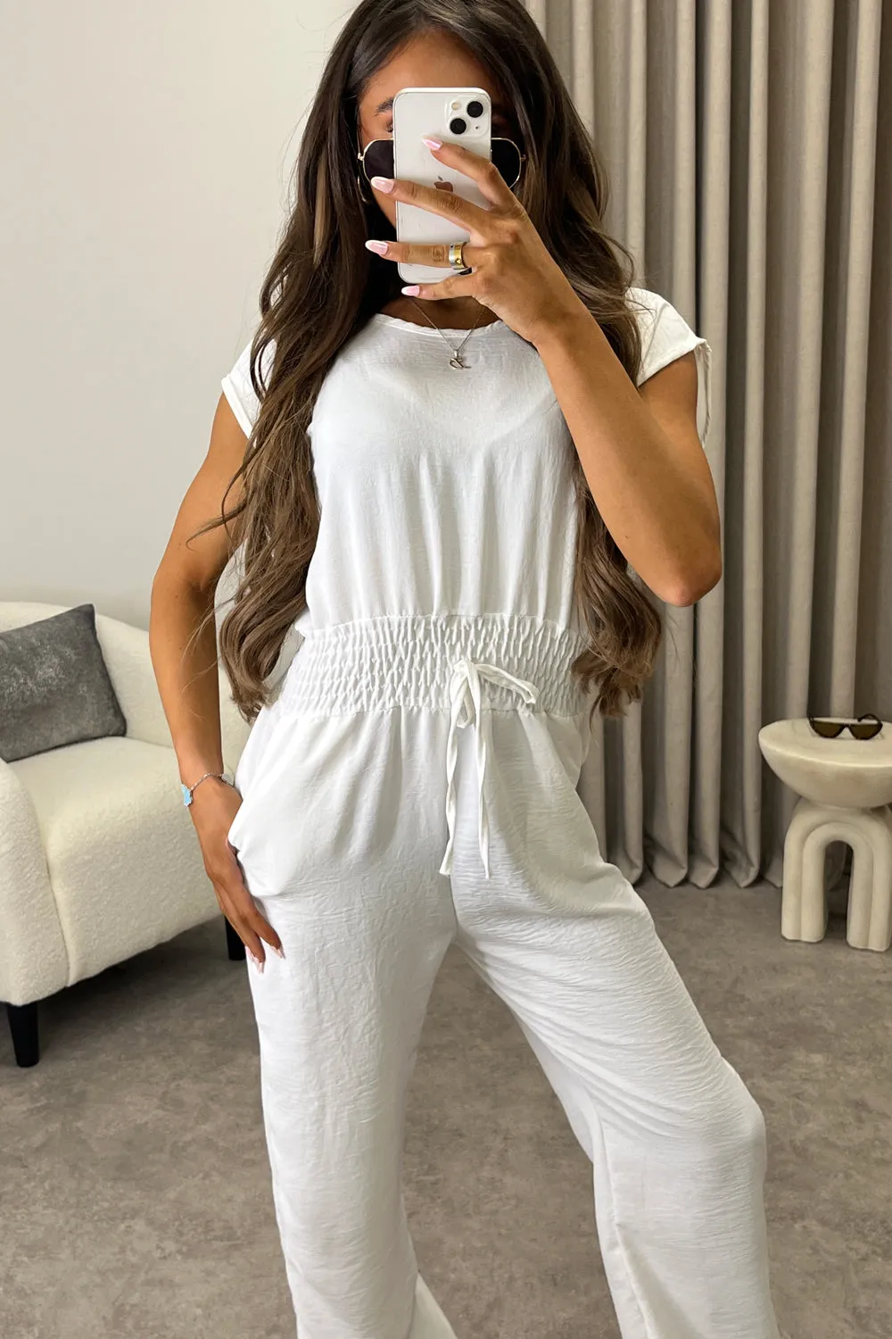 Chrisse White Short Sleeve Shirred Waist Jumpsuit sold by Lasula product image thumbnail 4