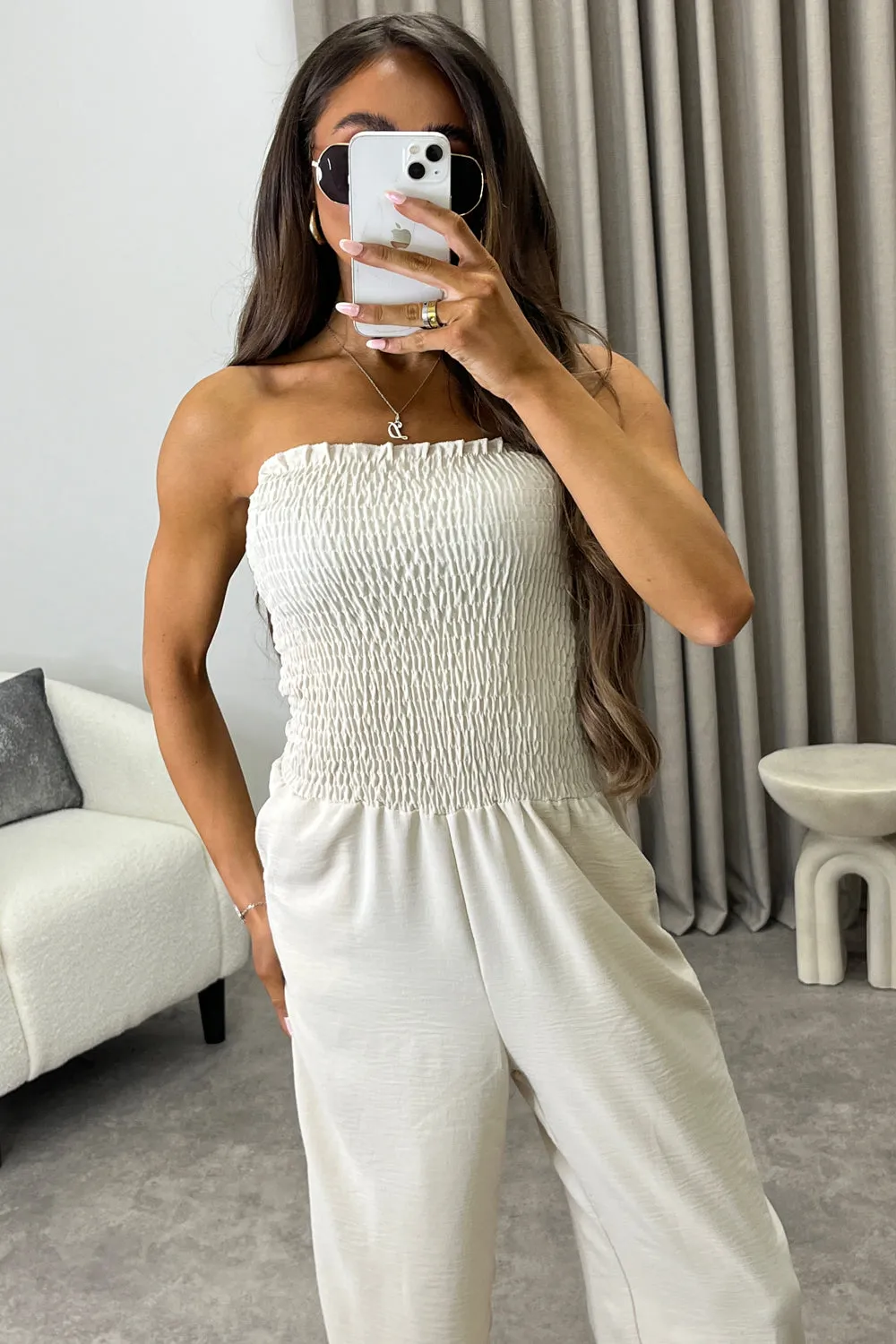 Jules Beige Shirred Bandeau Wide Leg Jumpsuit sold by Lasula product image thumbnail 2