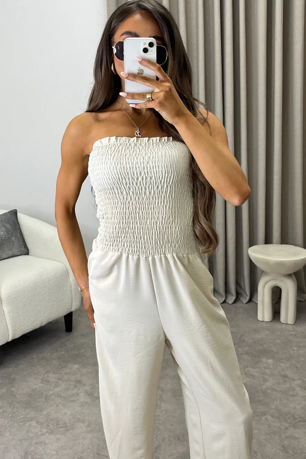 Jules Beige Shirred Bandeau Wide Leg Jumpsuit sold by Lasula product image thumbnail 4