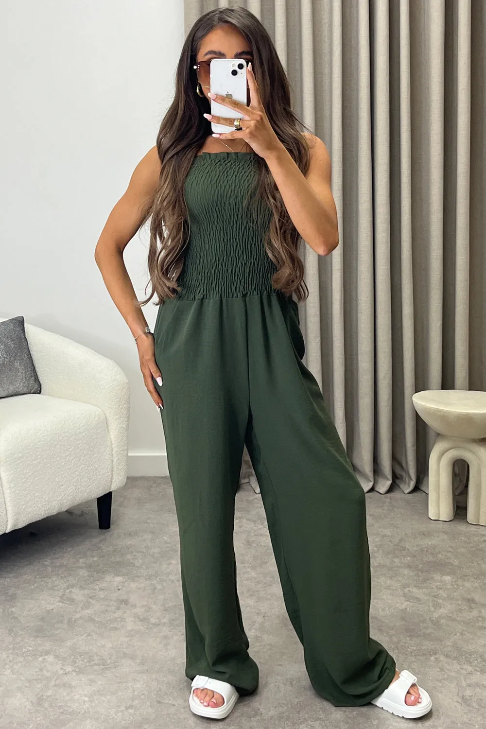 Jules Khaki Shirred Bandeau Wide Leg Jumpsuit sold by Lasula product image thumbnail 3