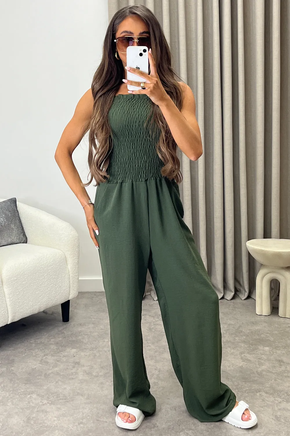 Jules Khaki Shirred Bandeau Wide Leg Jumpsuit sold by Lasula